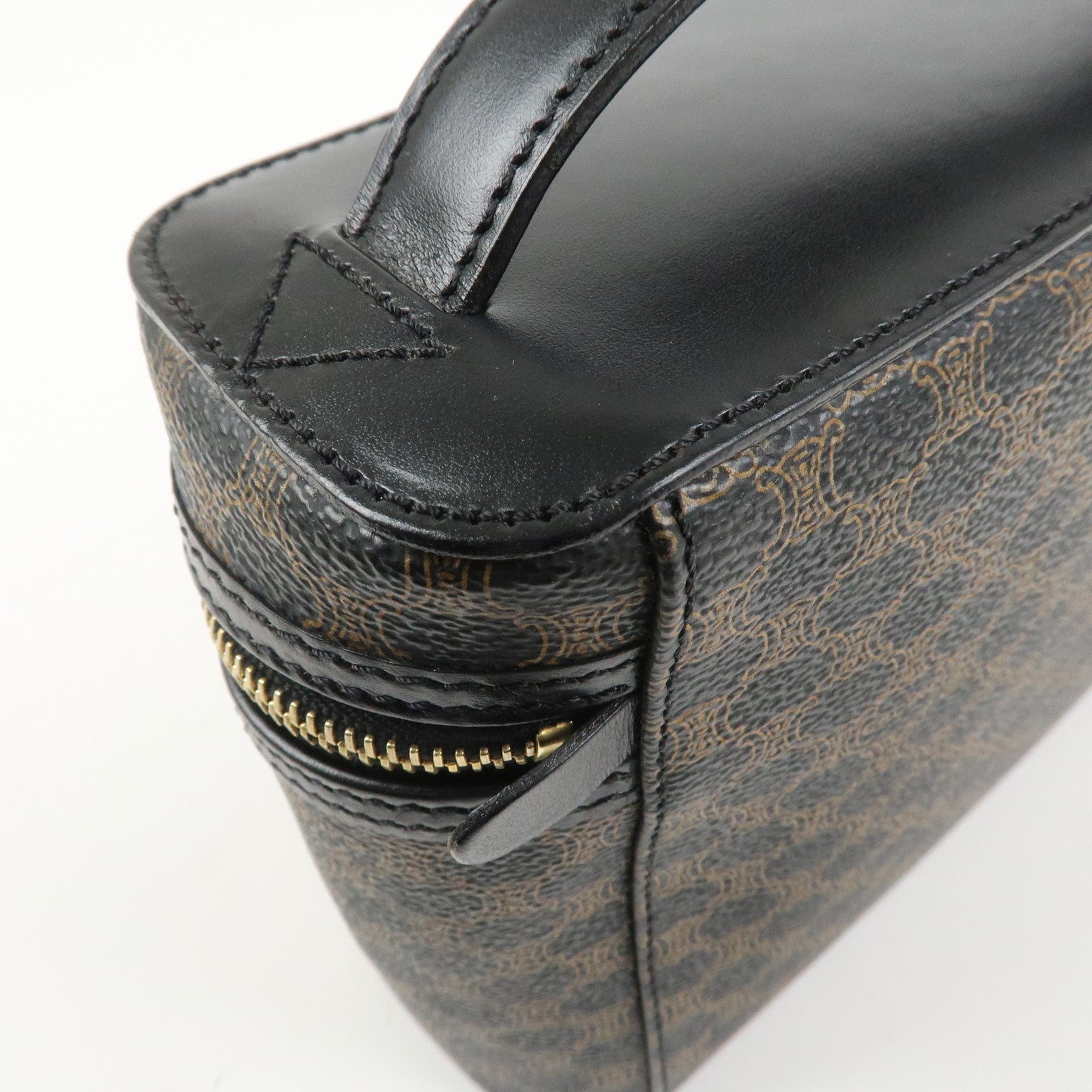 CELINE Macadam PVC Coating Canvas Leather Vanity Bag Hand Bag Black