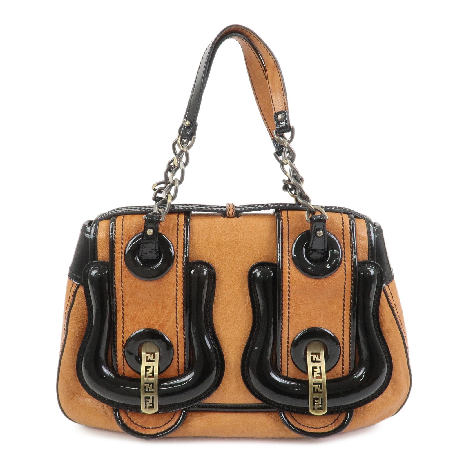 FENDI Patent Leather Shoulder Bag Hand Bag Brown Black 8BN165