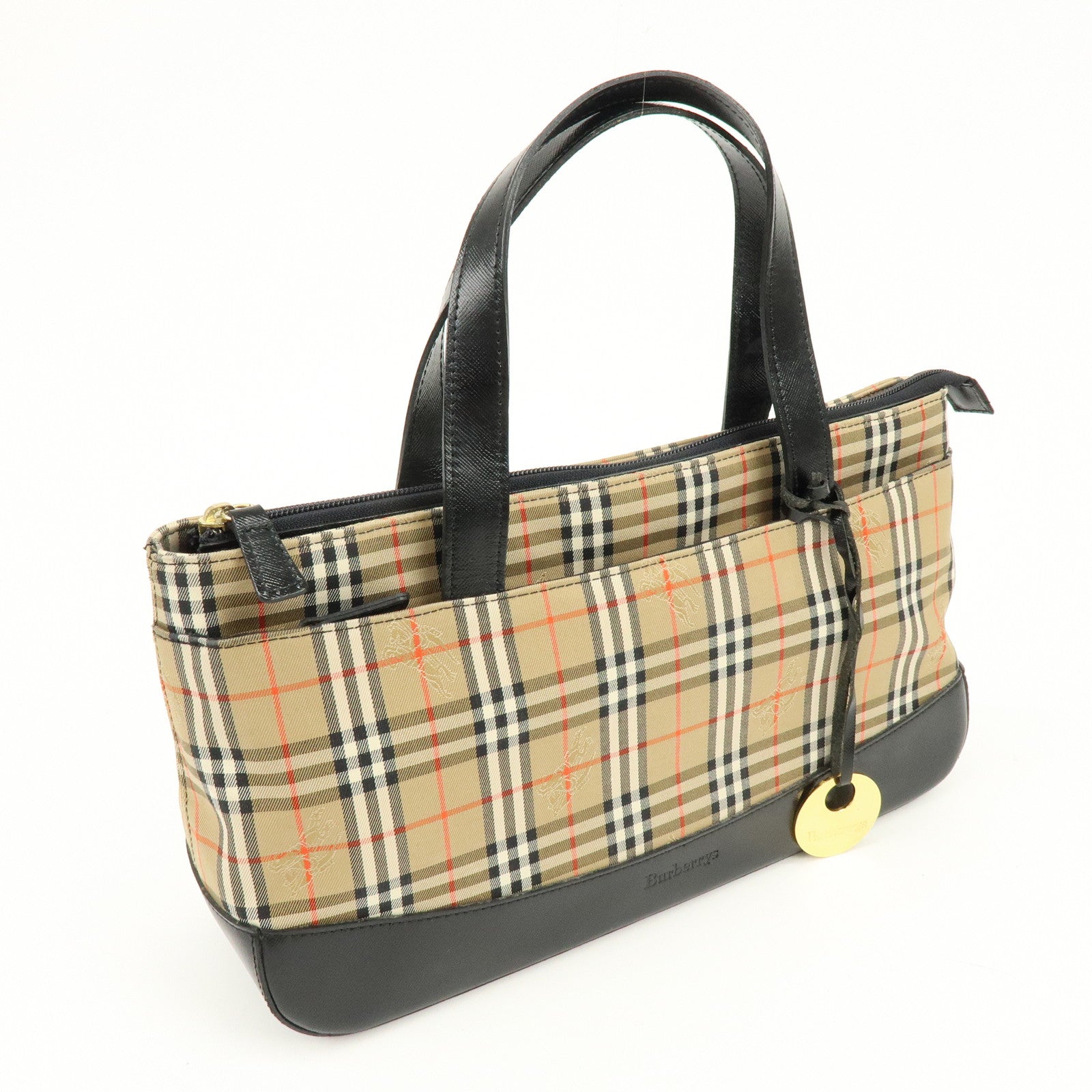BURBERRY Canvas Leather Nova Plaid Tote Bag Hand Bag Brown Black