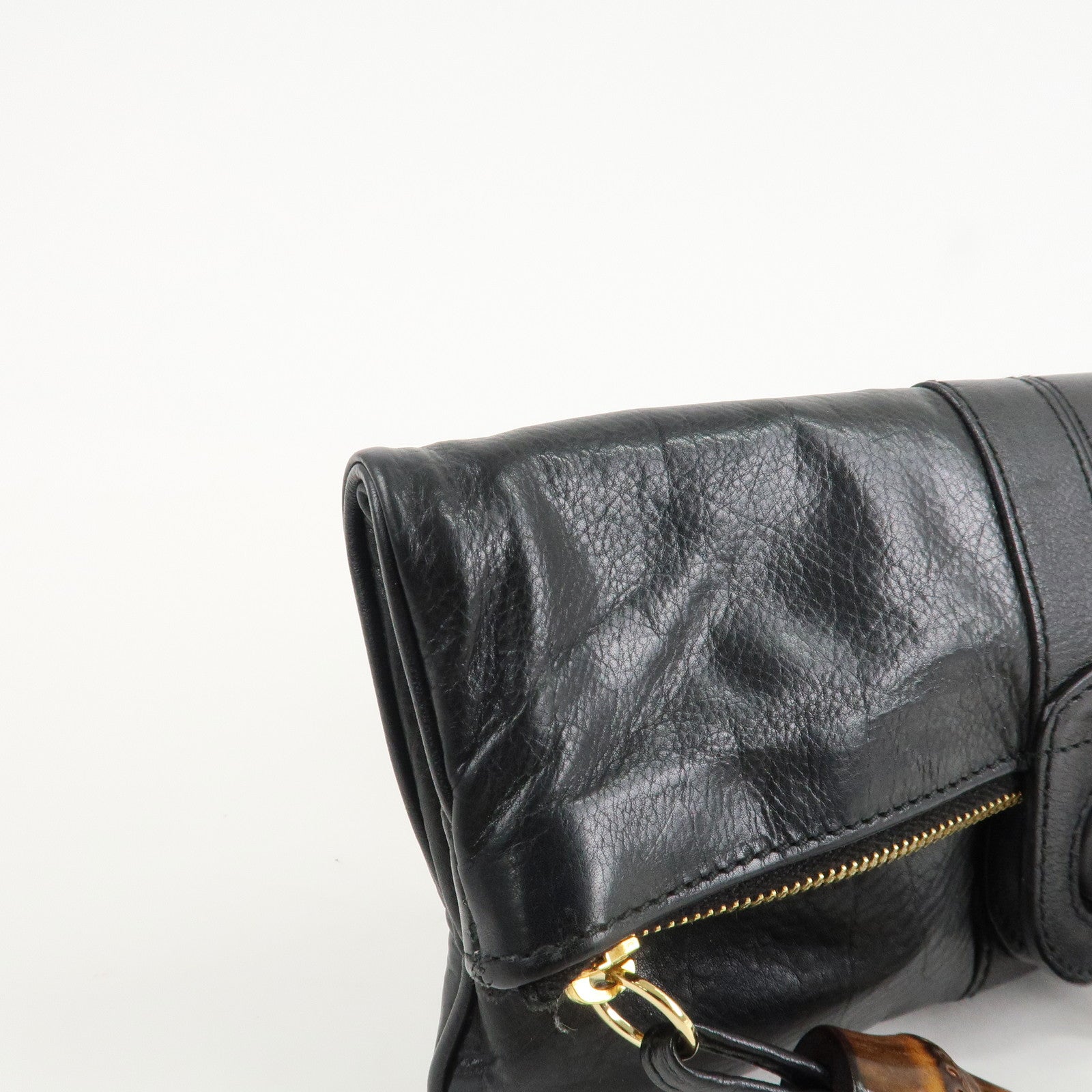 GUCCI Bamboo Leather Clutch Bag Black Gold Hardware 218496 Used