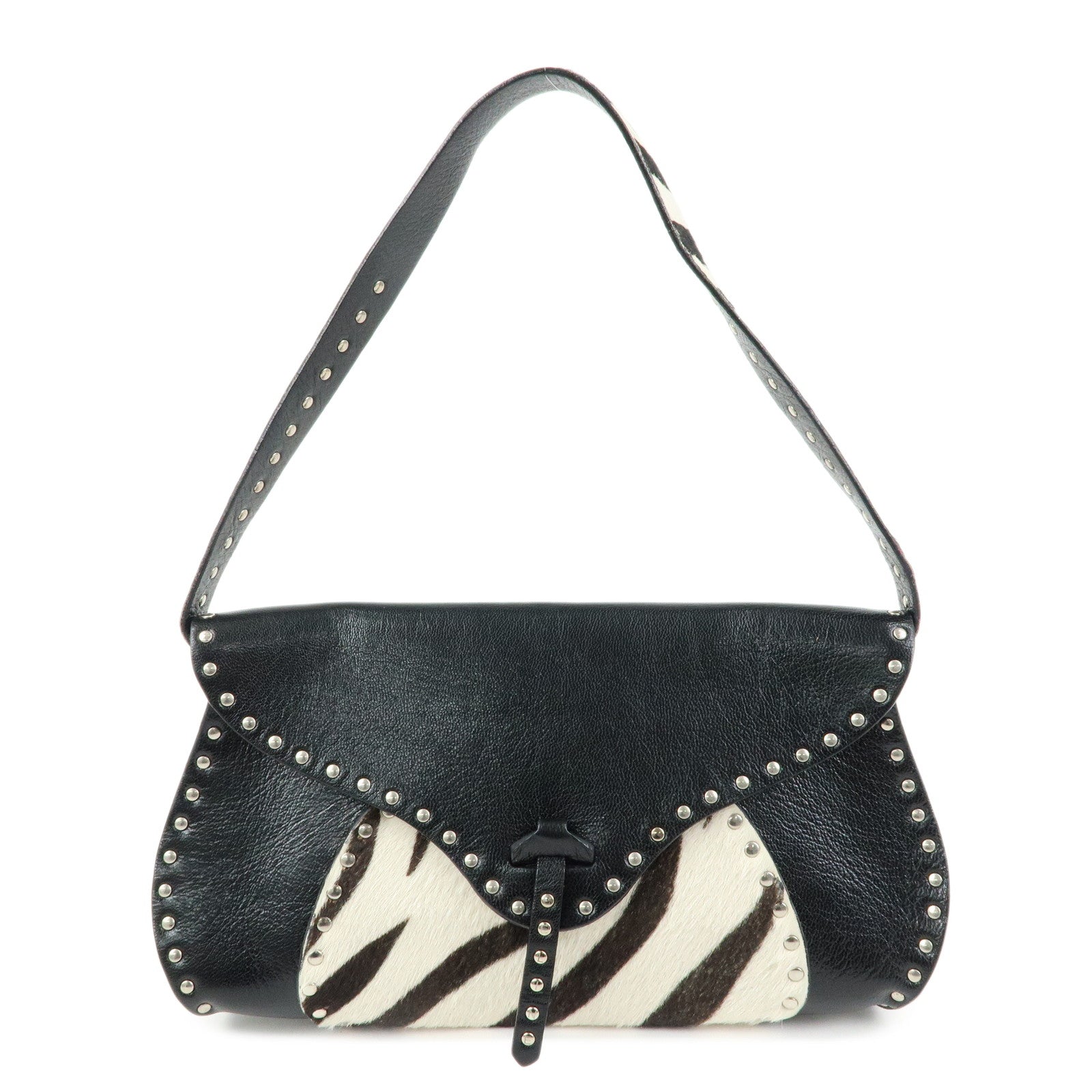 CELINE Haircalf Leather Studs Hand Bag Zebra Print Black White