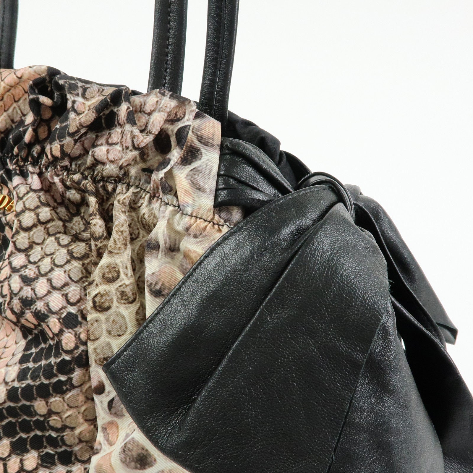 Prada Nylon Leather Ribbon Python Print Tote Bag Black Pink BR4206