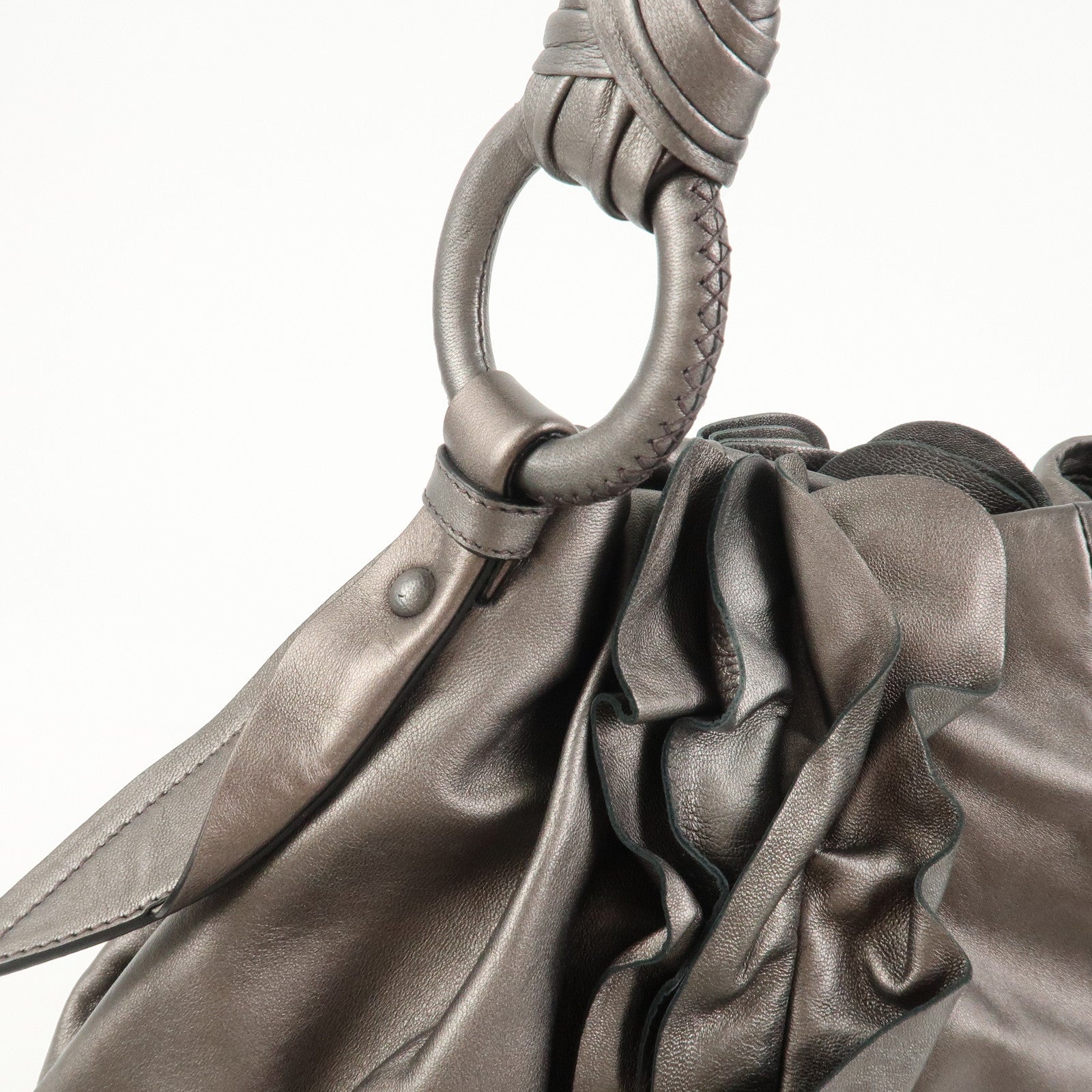 PRADA Logo Frilled Leather Shoulder Bag Hand Bag Bronze BR3993