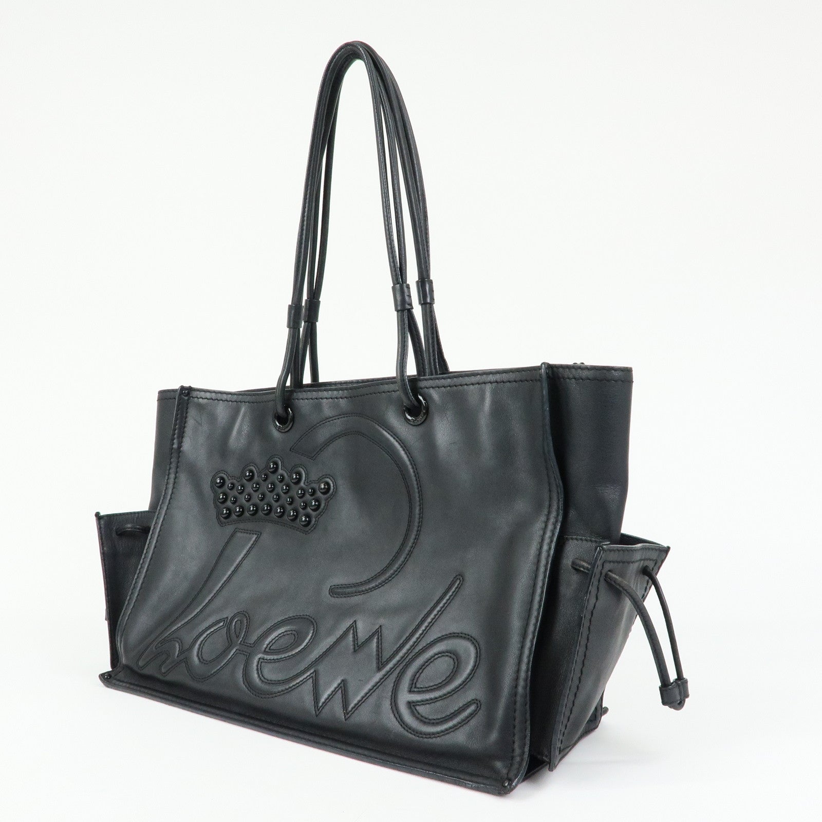 LOEWE Logo Studs Leather Shopper Tote Bag Shoulder Bag Black