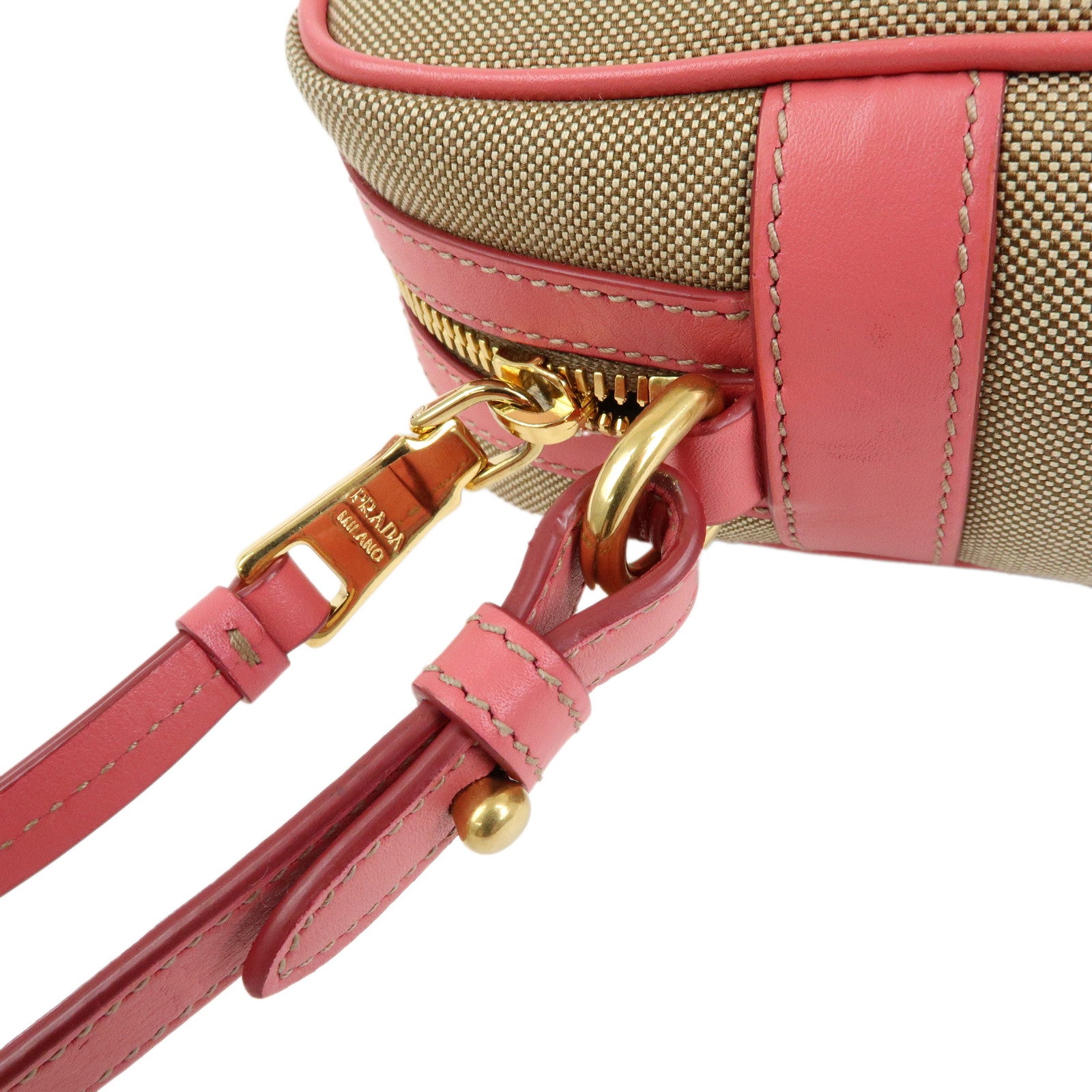 PRADA Triangle Logo Jacquard Leather Shoulder Bag Beige Pink 1BH089