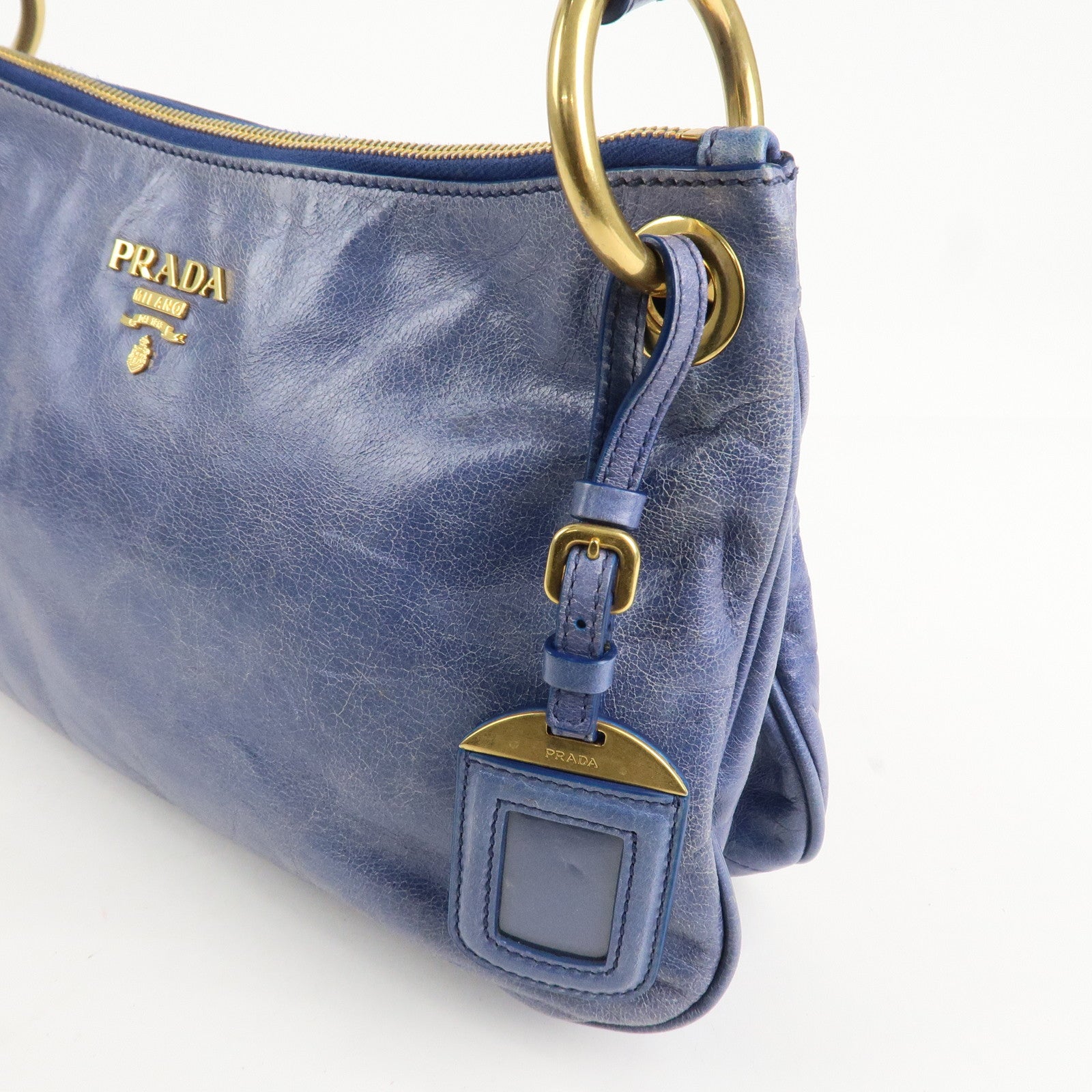 PRADA Leather Shoulder Bag Hand Bag Blue BR4984 Used