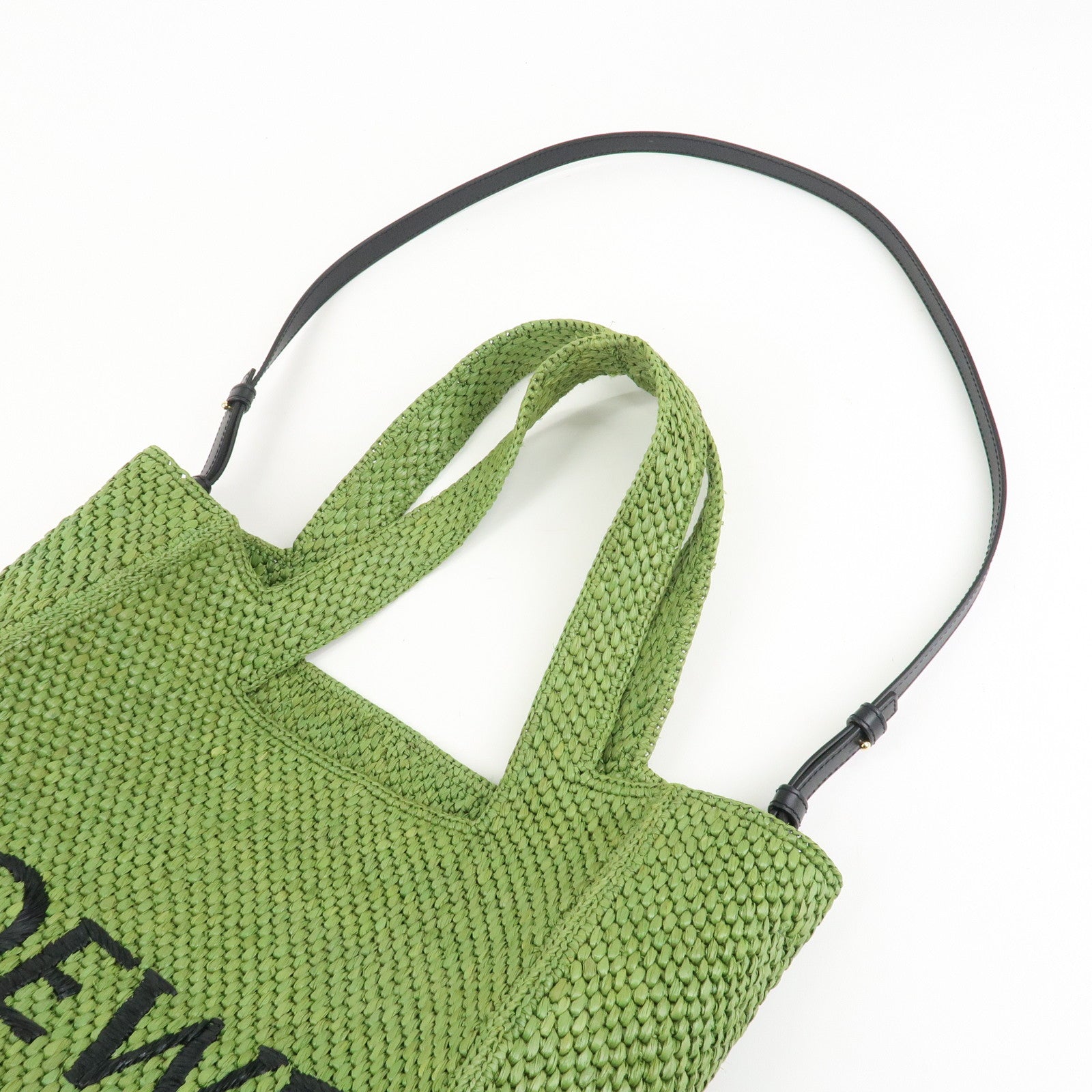 LOEWE Leather Raffia Logo 2Way Tote Bag Shoulder Bag Green Used