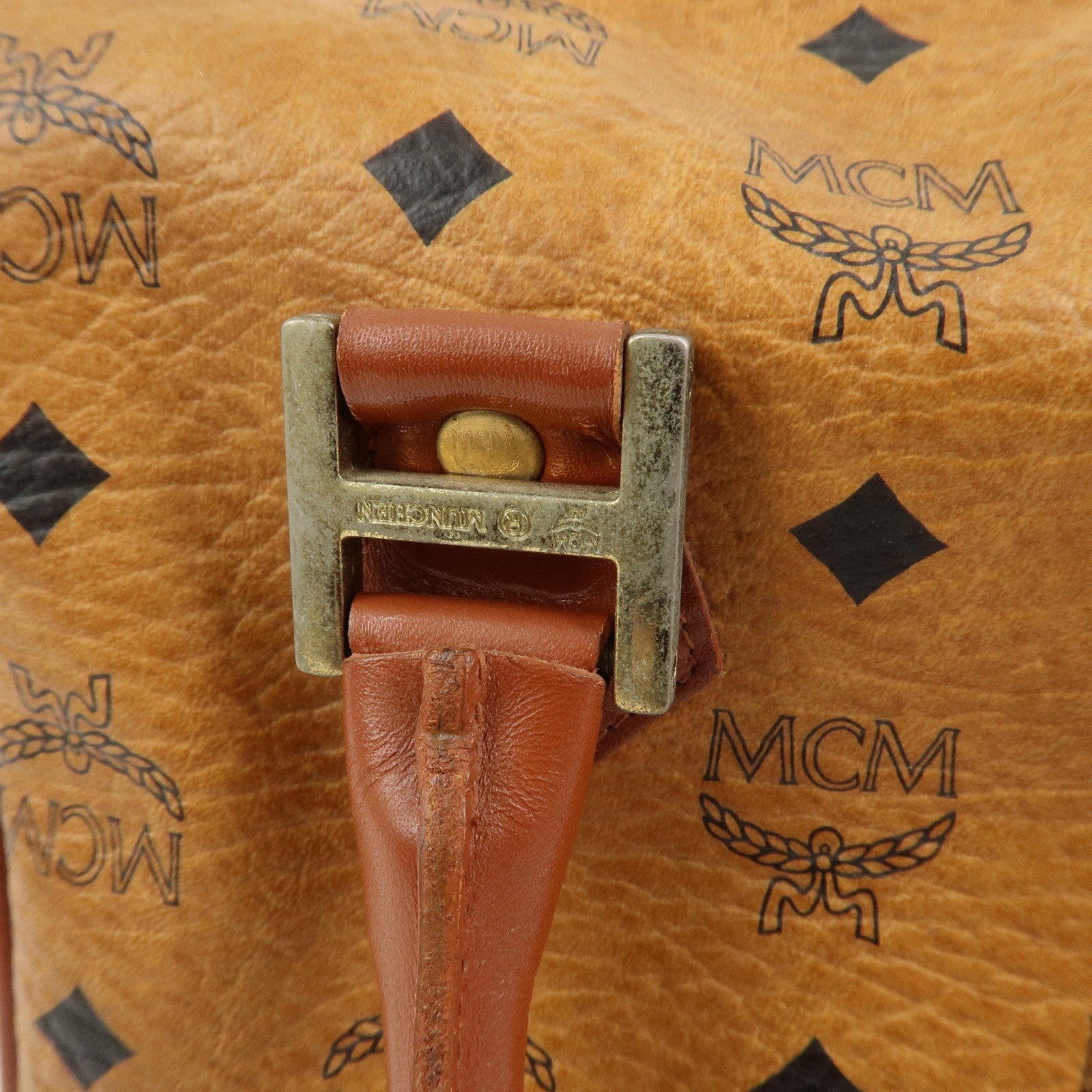 MCM Visetos Leather Boston Bag Hand Bag Brown