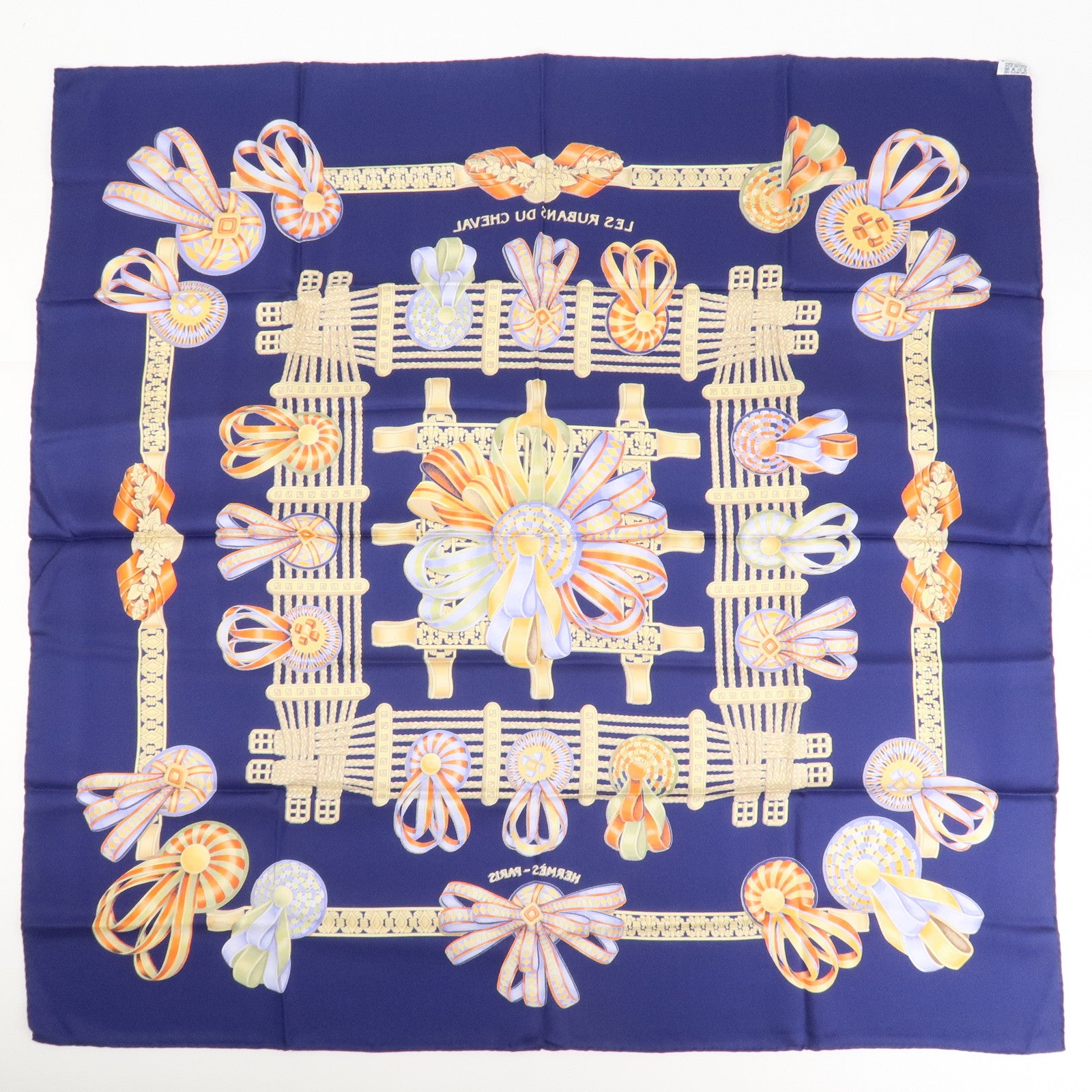 HERMES Carre 90 Silk 100% LES RUBANS DU CHEVAL Navy Used