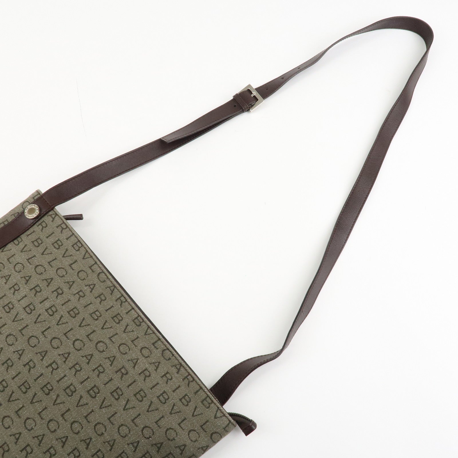 BVLGARI Logo Mania Leather Canvas Shoulder Bag Khaki Dark Brown Used