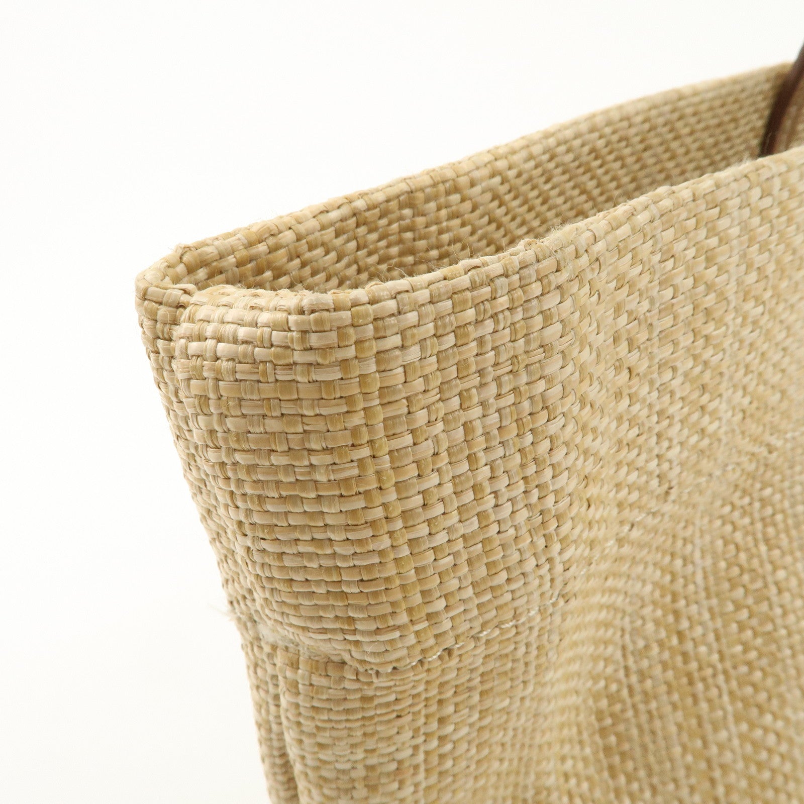 PRADA Leather Raffia Straw Tote Bag Shoulder Bag Beige Used