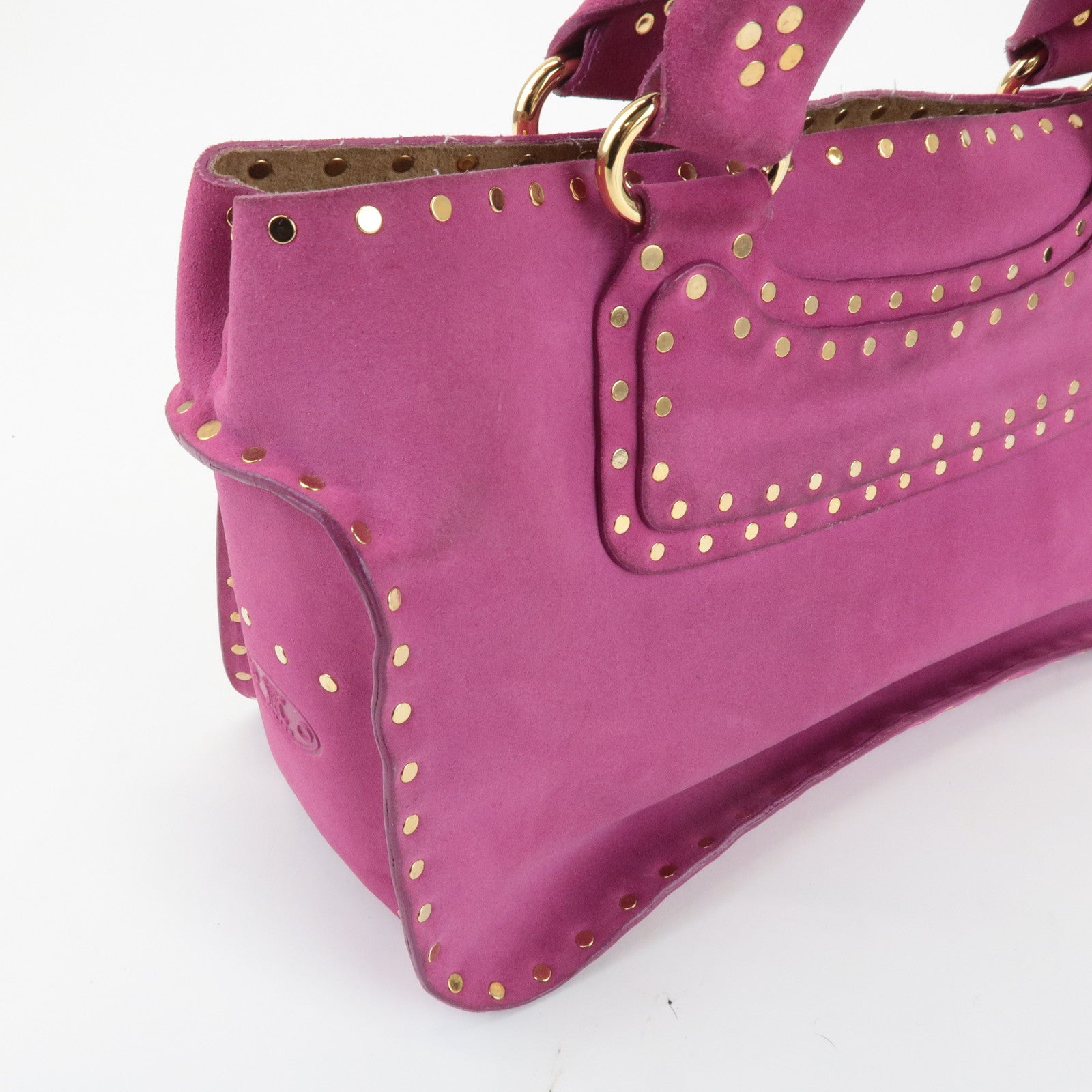 CELINE Suede Leather Studs Buggy Bag Hand Bag Pink Gold