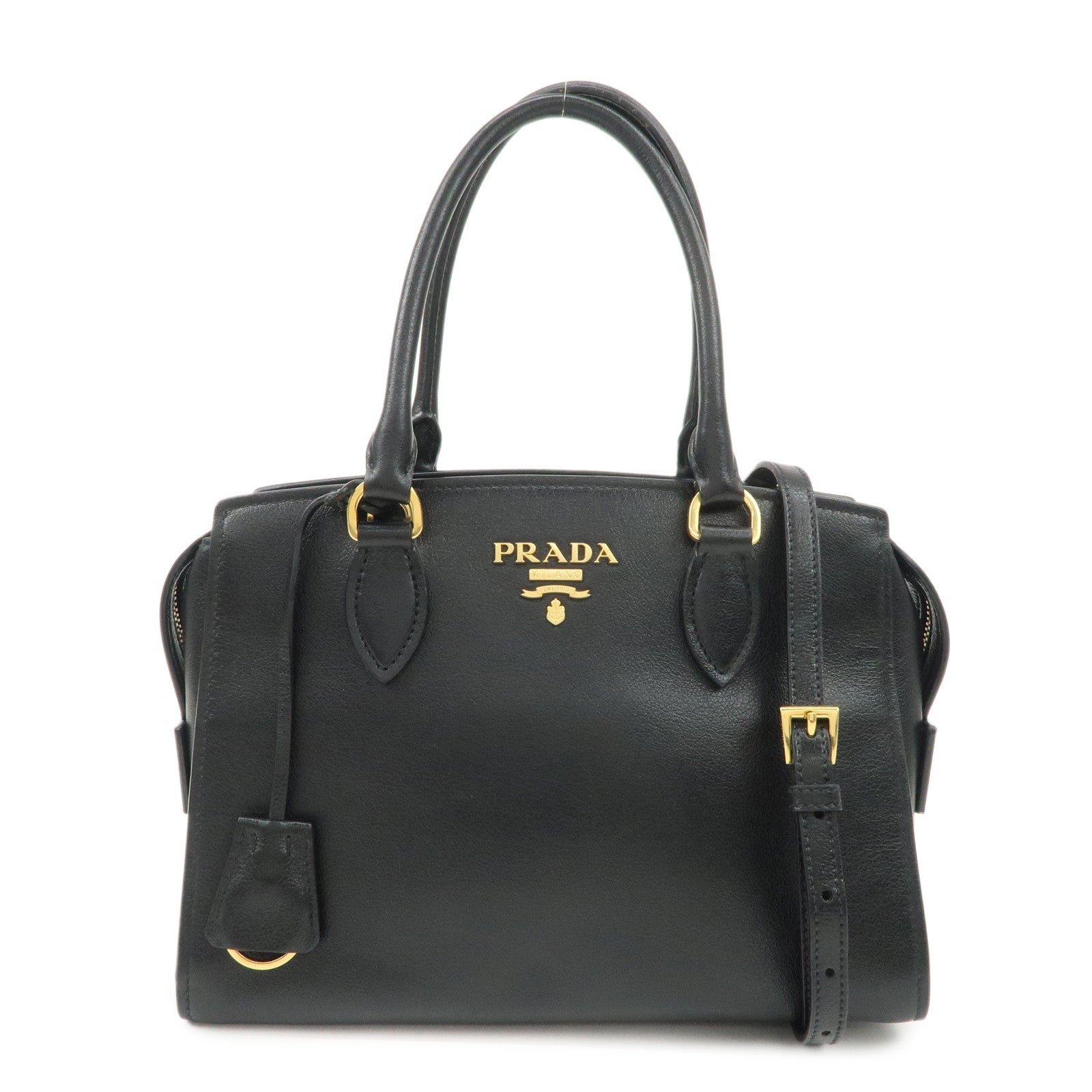 PRADA Leather 2Way Bag Hand Bag Black Gold Hardware Used