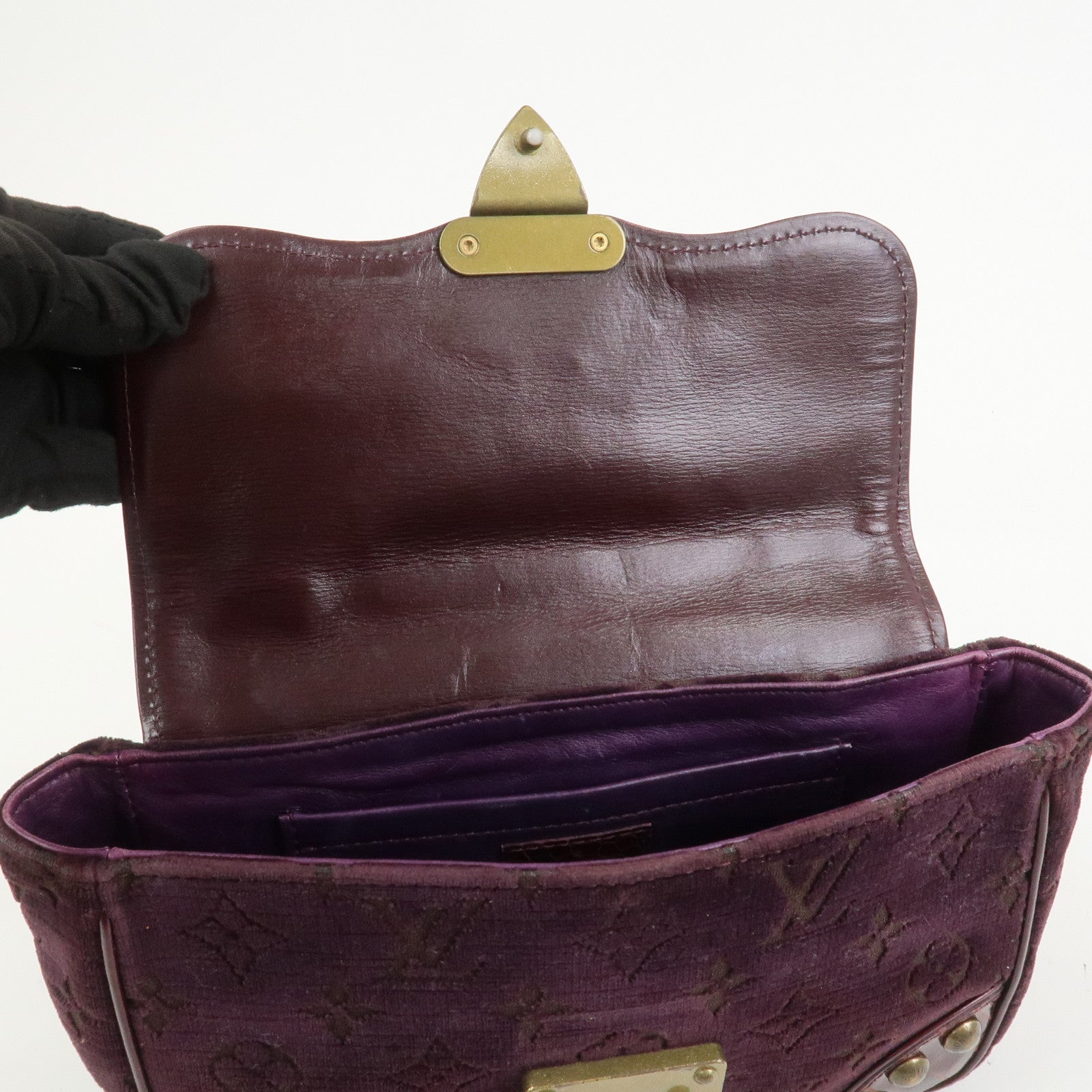 Louis Vuitton Monogram Vleur Velvet Leather Hand Bag Burgundy