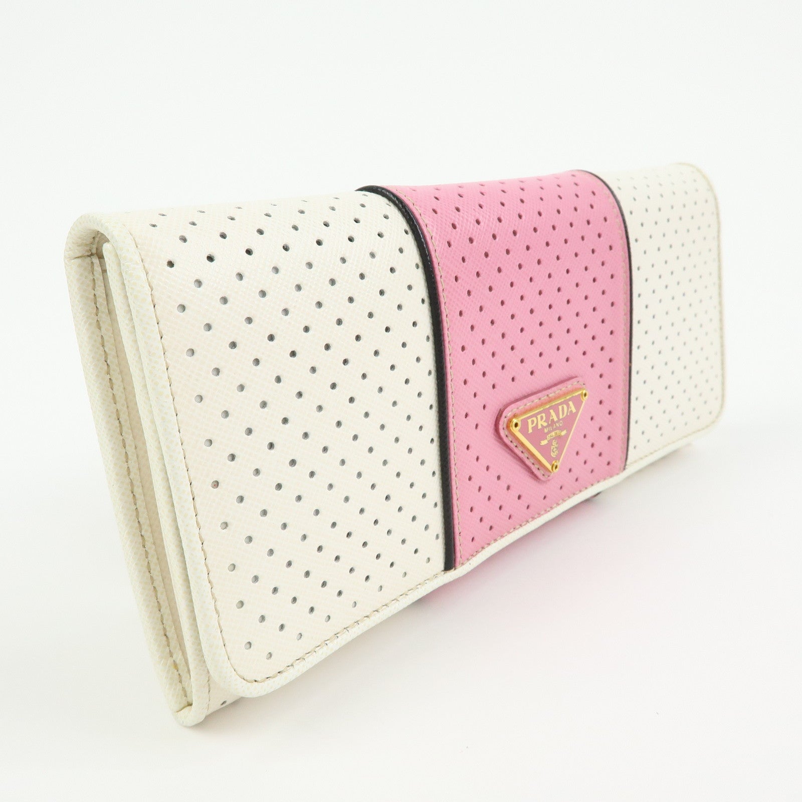 PRADA Triangle Logo Saffiano Leather Long Wallet White Pink 1M1132