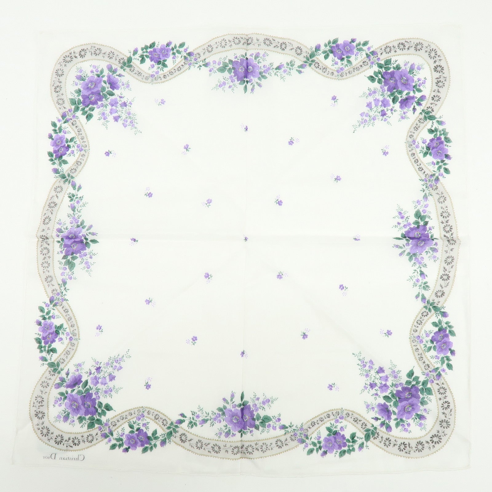 Christian Dior Set of 3 Cotton Handkerchief Flower White Purple