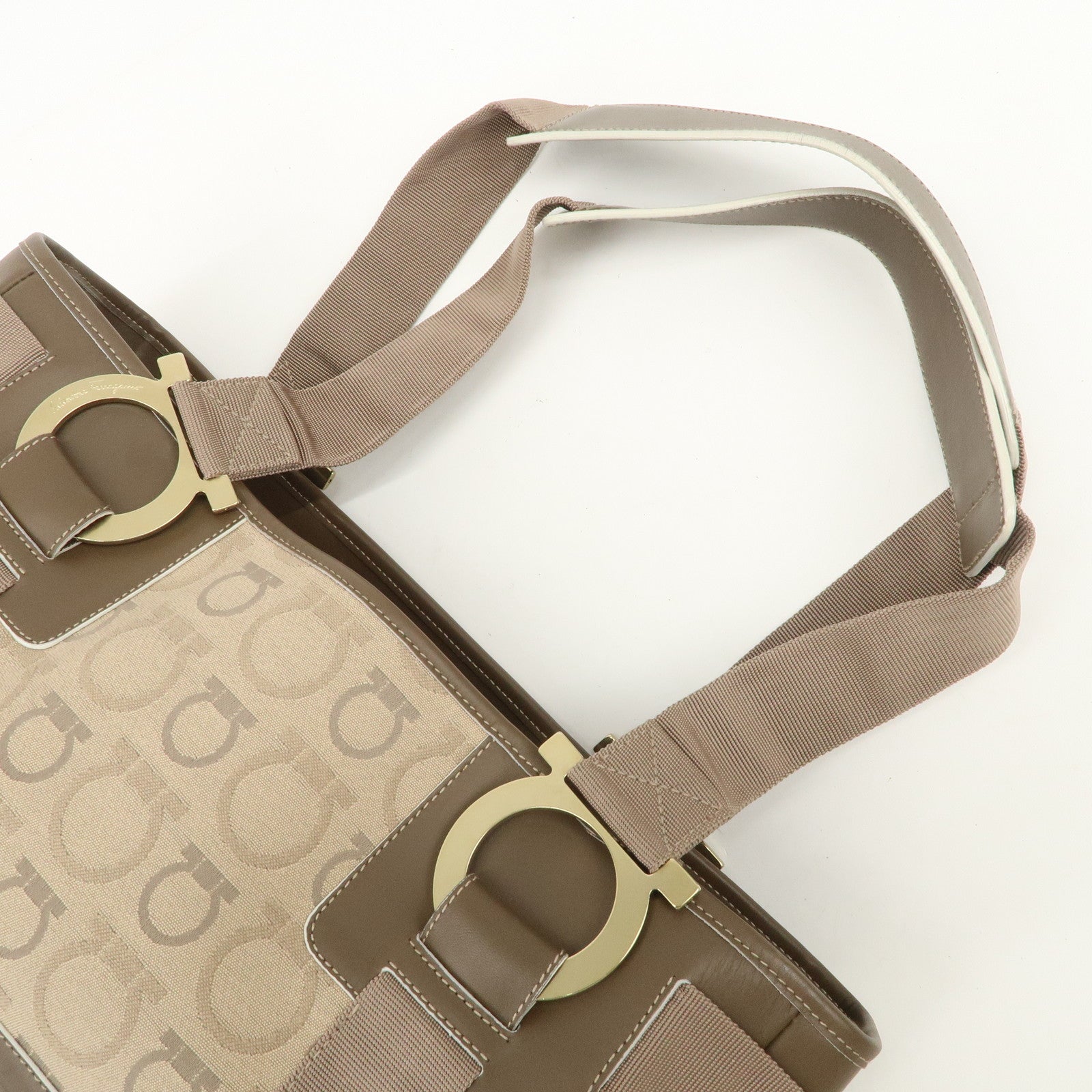 Ferragamo Gancini Canvas Leather Tote Bag Shoulder Bag Beige Brown