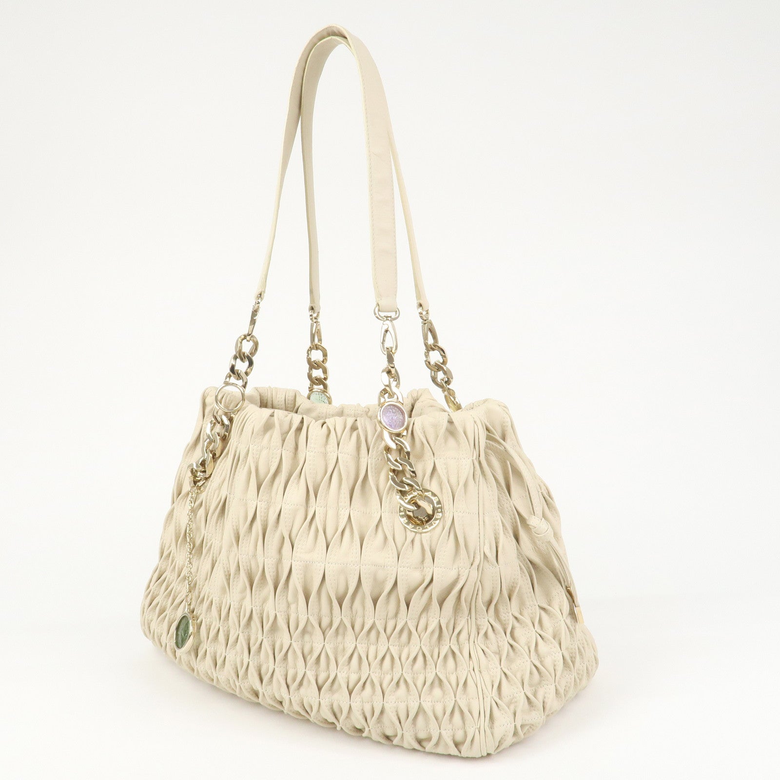 BVLGARI Monete Leather 2Way Bag Shoulder Bag Hand Bag Ivory