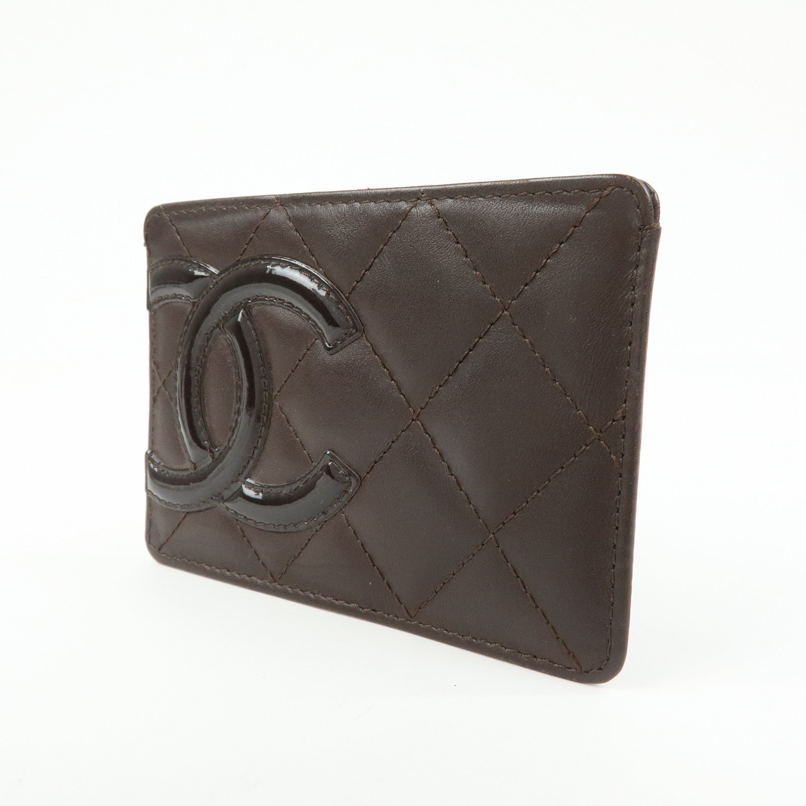 CHANEL Cambon Line COCO Mark Lamb Skin Leather Card Case A26725