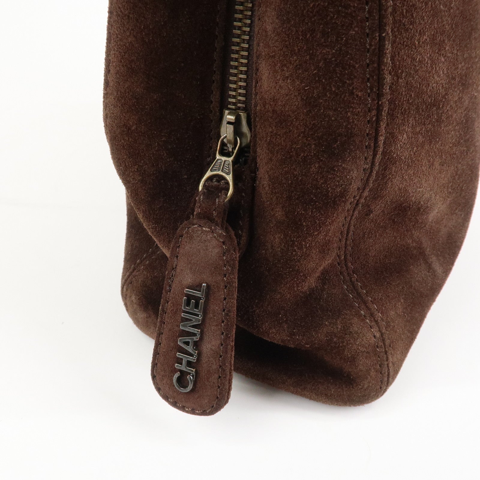 CHANEL Logo Suede Chain Tote Bag Shoulder Bag Brown