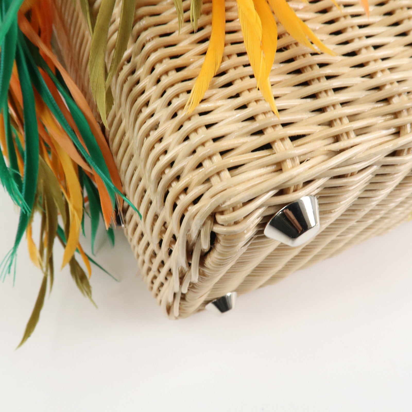 PRADA Wicker Canvas Basket Bag Beige Multicolor Silver HDW 1BG835