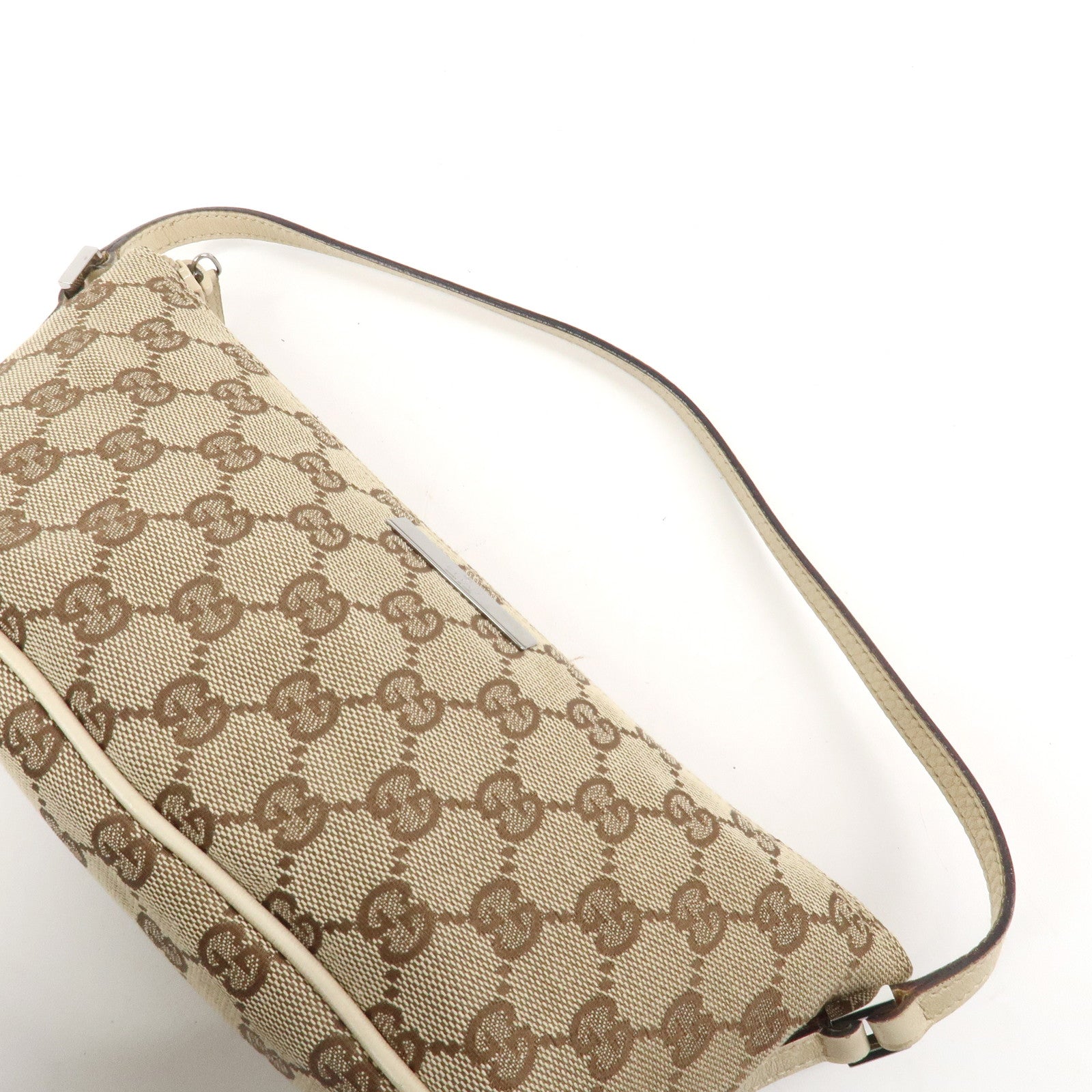 GUCCI Boat Bag GG Canvas Leather Hand Bag Pouch Beige Brown 07198