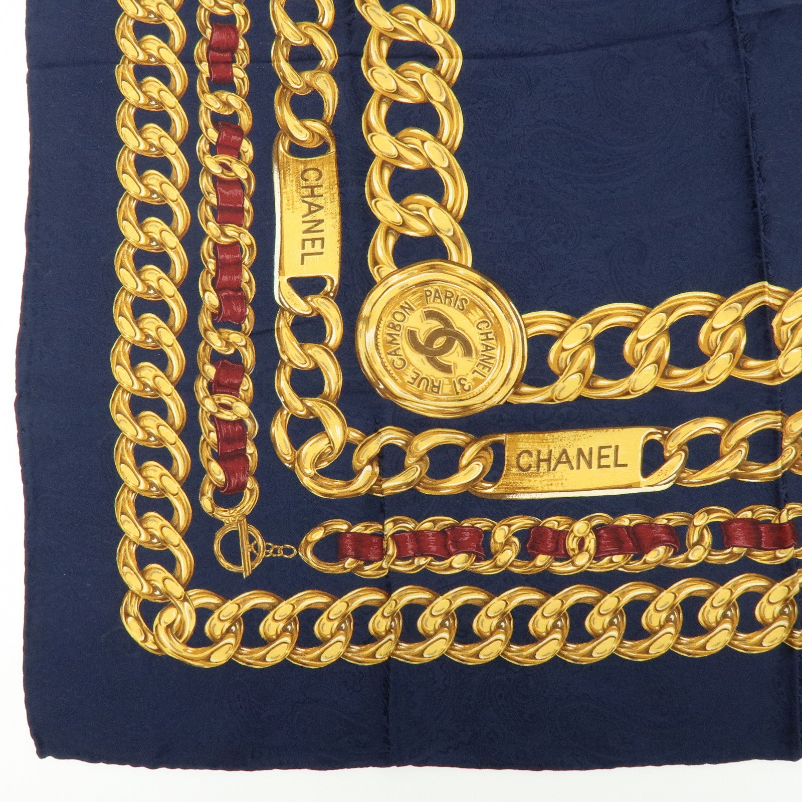 CHANEL COCO Mark Silk 100% Scarf Chain Motif Navy Gold
