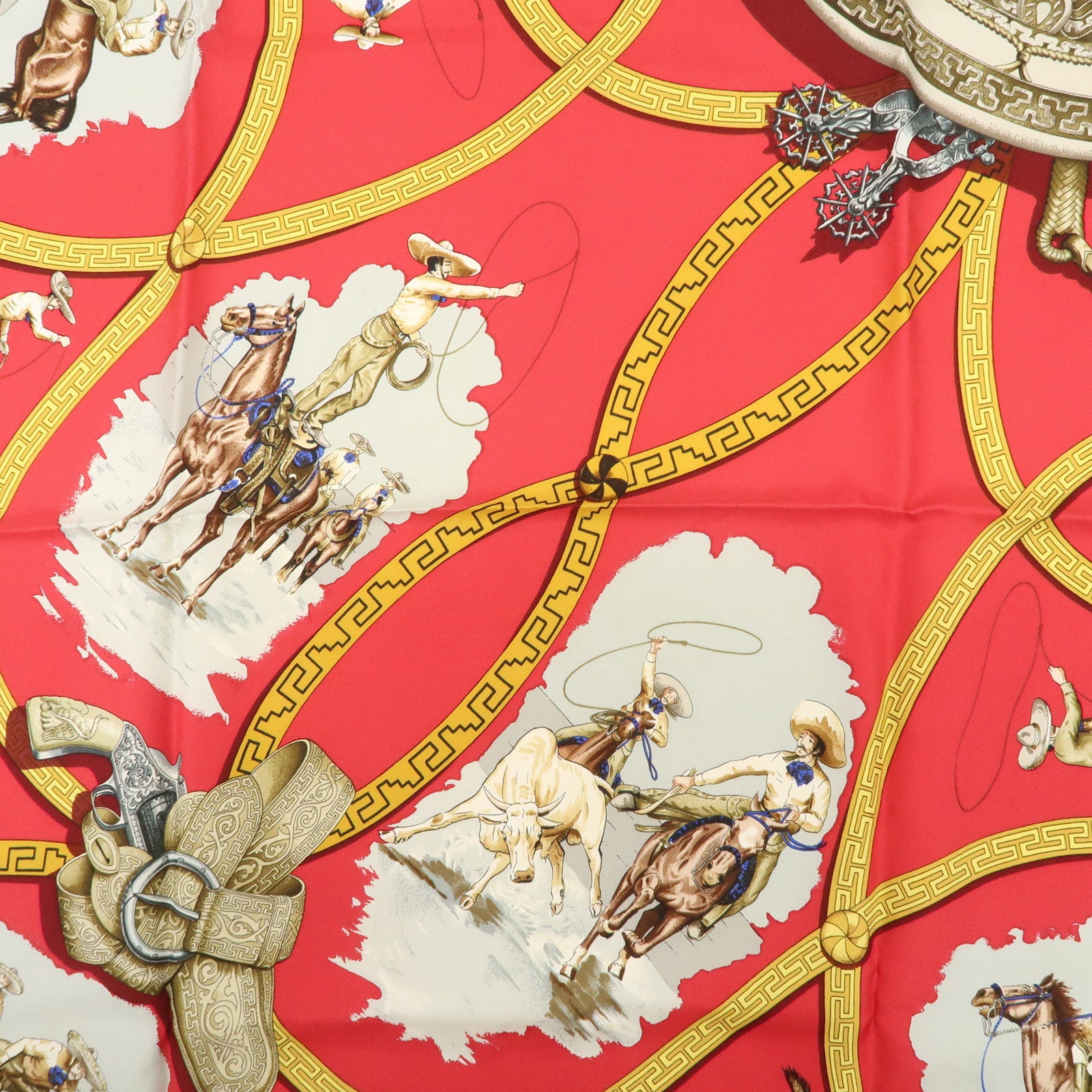 HERMES Carre 90 Silk 100% Scarf CHARREADA Gold Navy Red