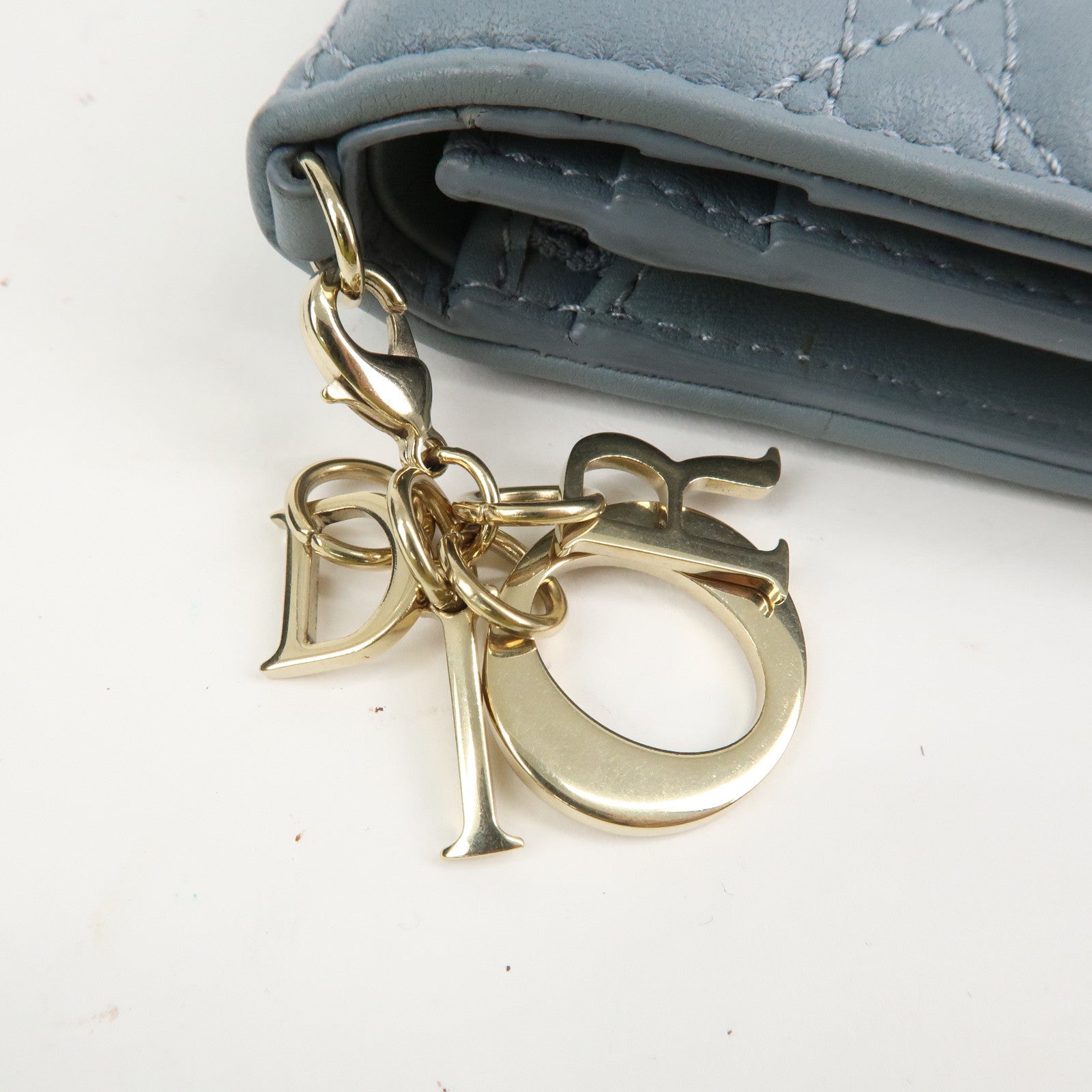 Christian Dior Cannage Leather Gardenia Wallet Gold Charm Blue Used