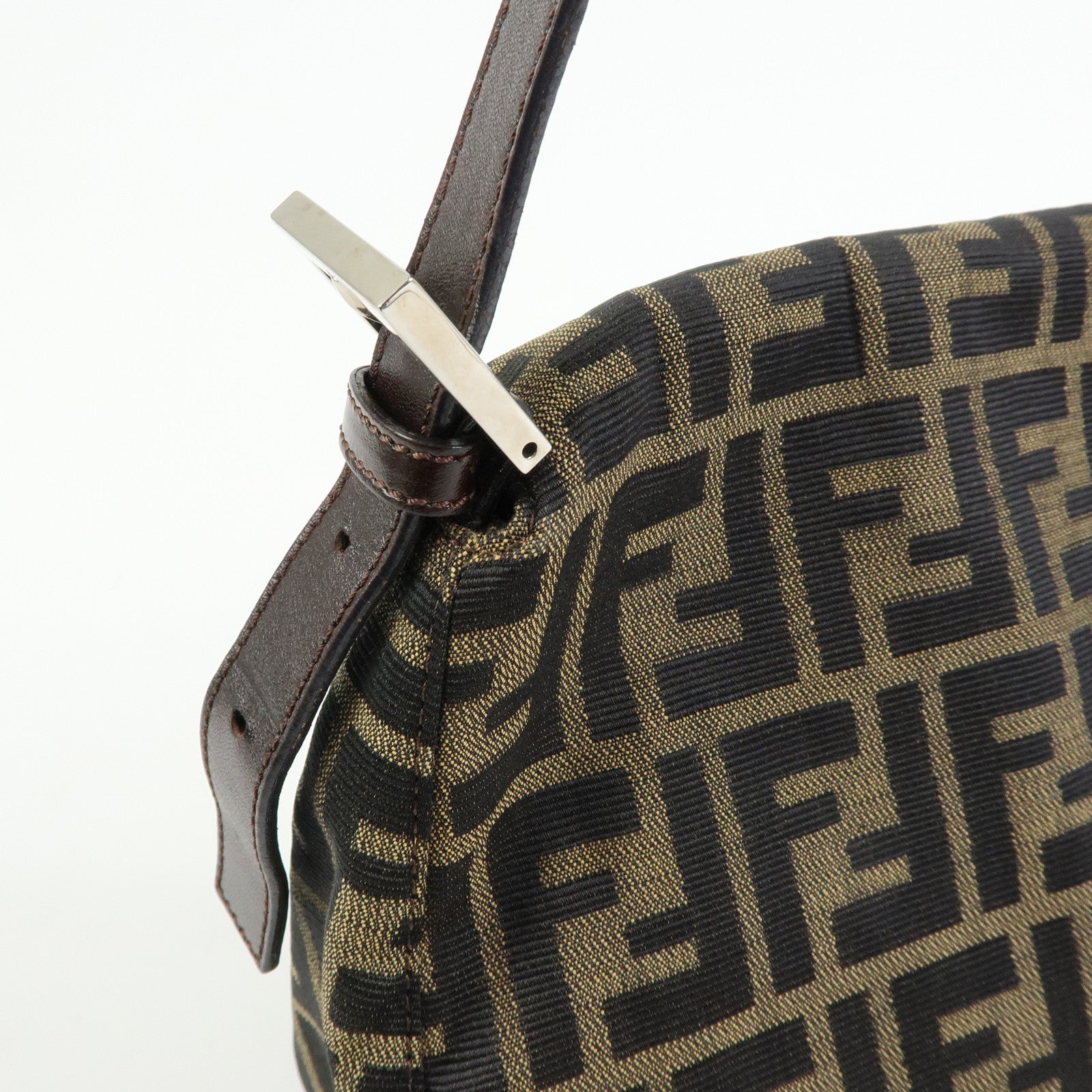 FENDI Mamma Baguette Zucca Canvas Leather Shoulder Bag Brown 26325