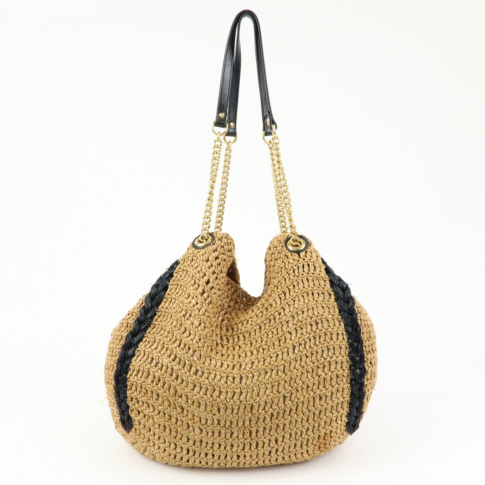 GUCCI GG Straw Leather Tote Bag Shoulder Bag Natural Black 574431