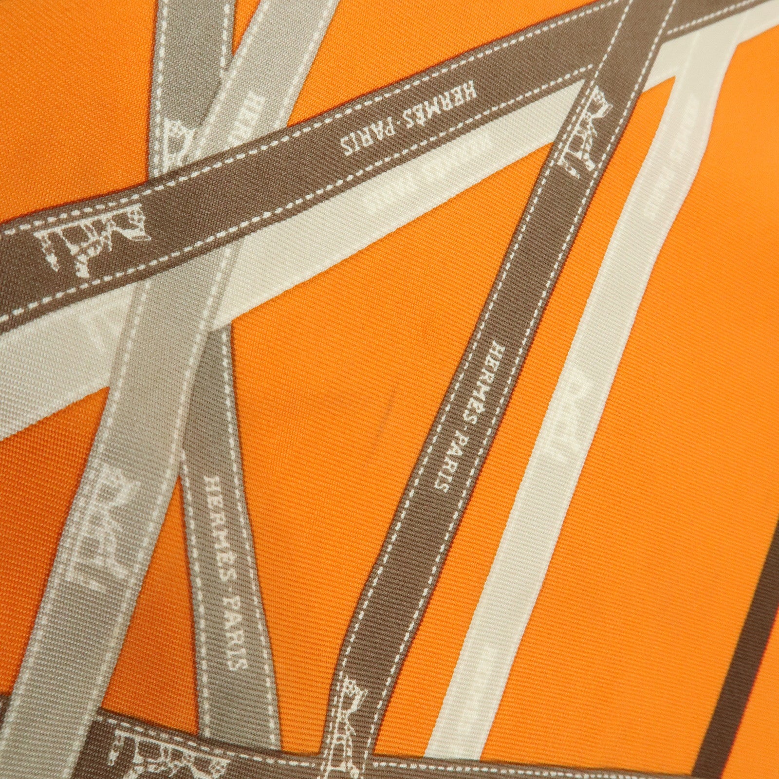 HERMES Pointu Set of 2 Silk 100% Scarf Ribbon Print Orange Beige