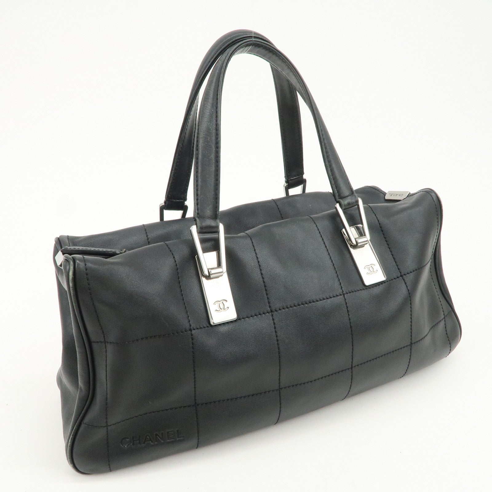 CHANEL Chocolate Bar Lamb Skin Mini Boston Bag Hand Bag Black