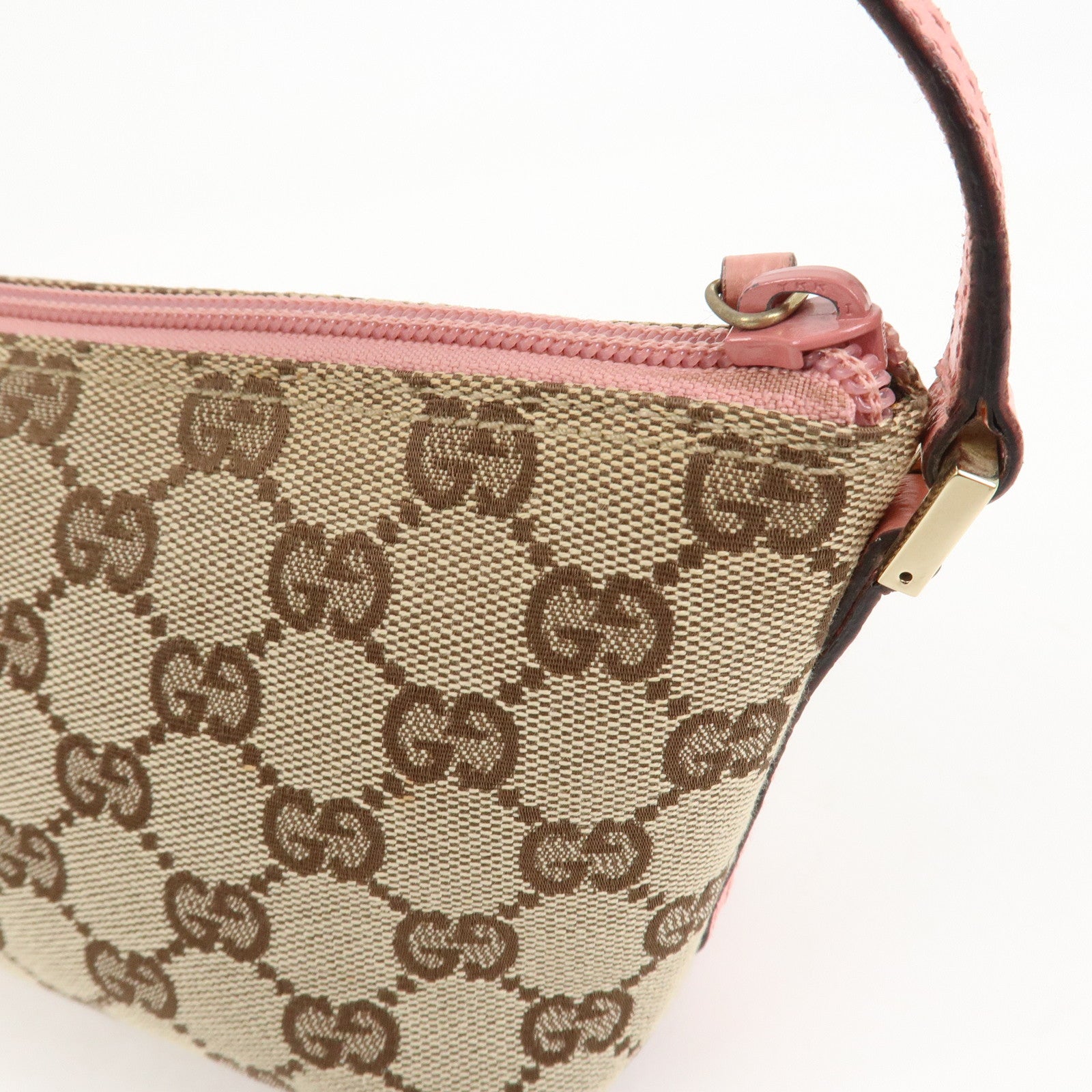GUCCI Boat Bag GG Monogram Canvas Leather Hand Bag Beige Pink 07198