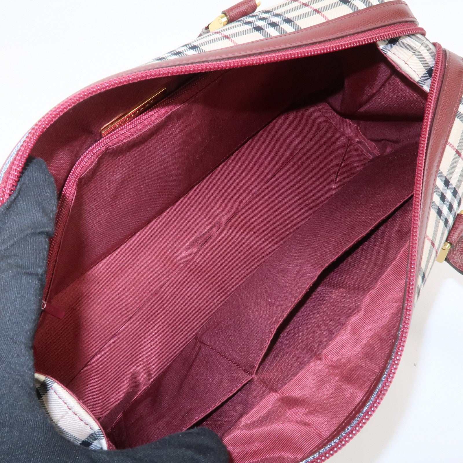 BURBERRY Nova Plaid Canvas Leather Shoulder Hand Bag Beige Bordeaux