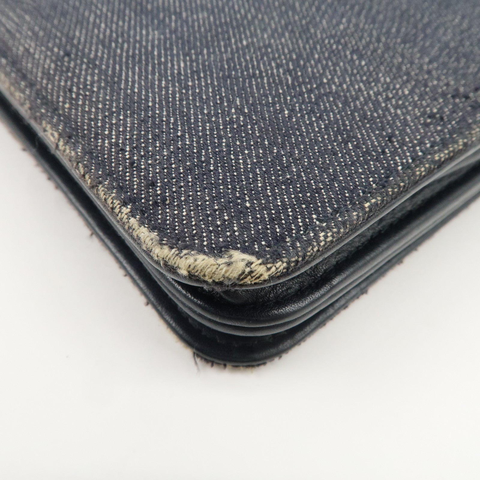 CHANEL Deauville Denim Chain Wallet Navy Brown Silver HDW A80795 Used