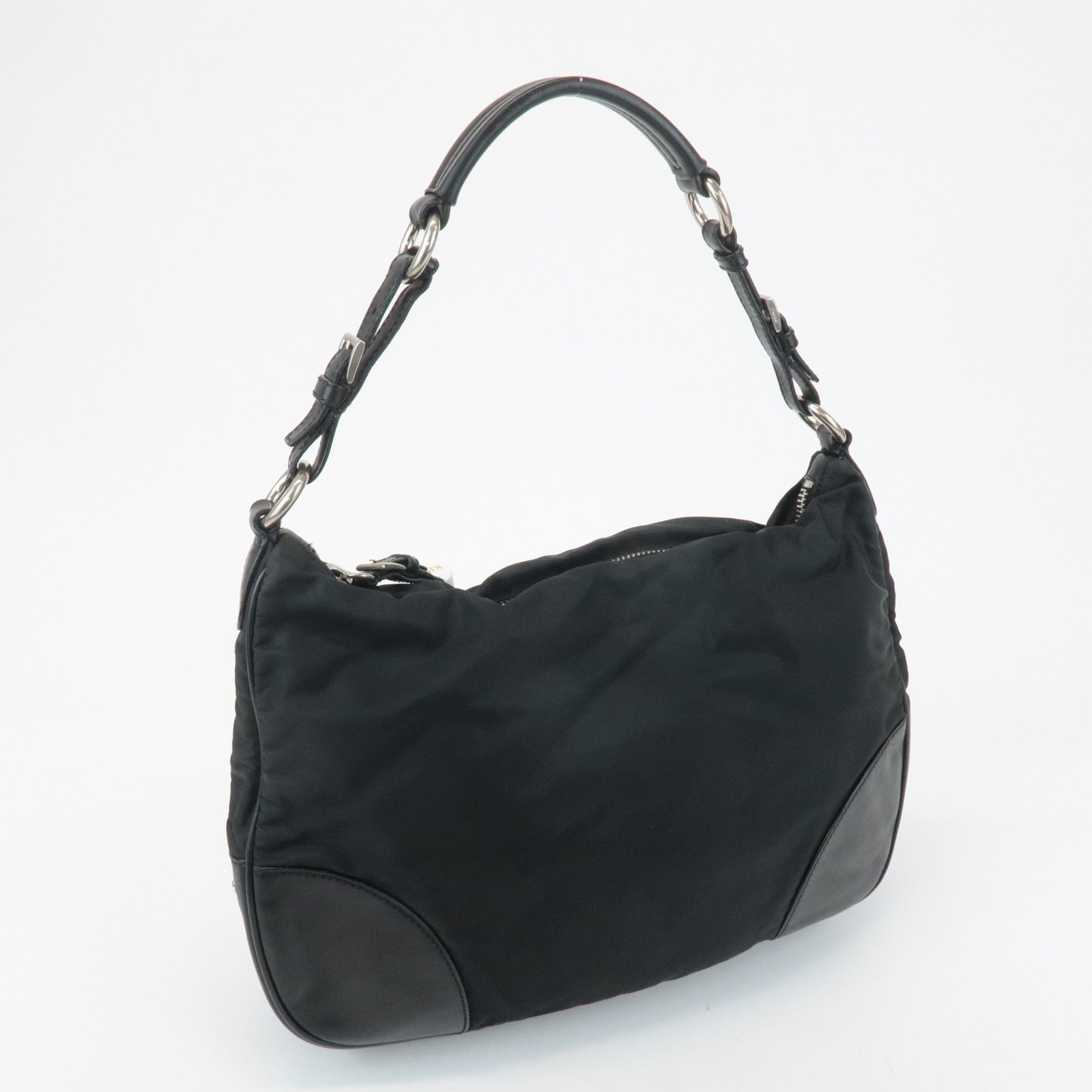 PRADA Triangle Logo Leather Nylon Shoulder Bag Black