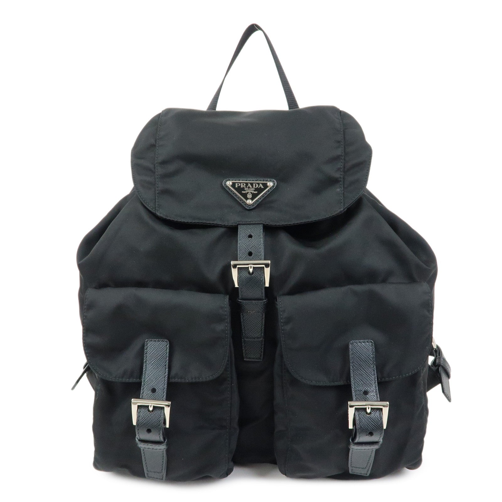 PRADA Triangle Logo Nylon Saffiano leather Backpack Rucksuck Black