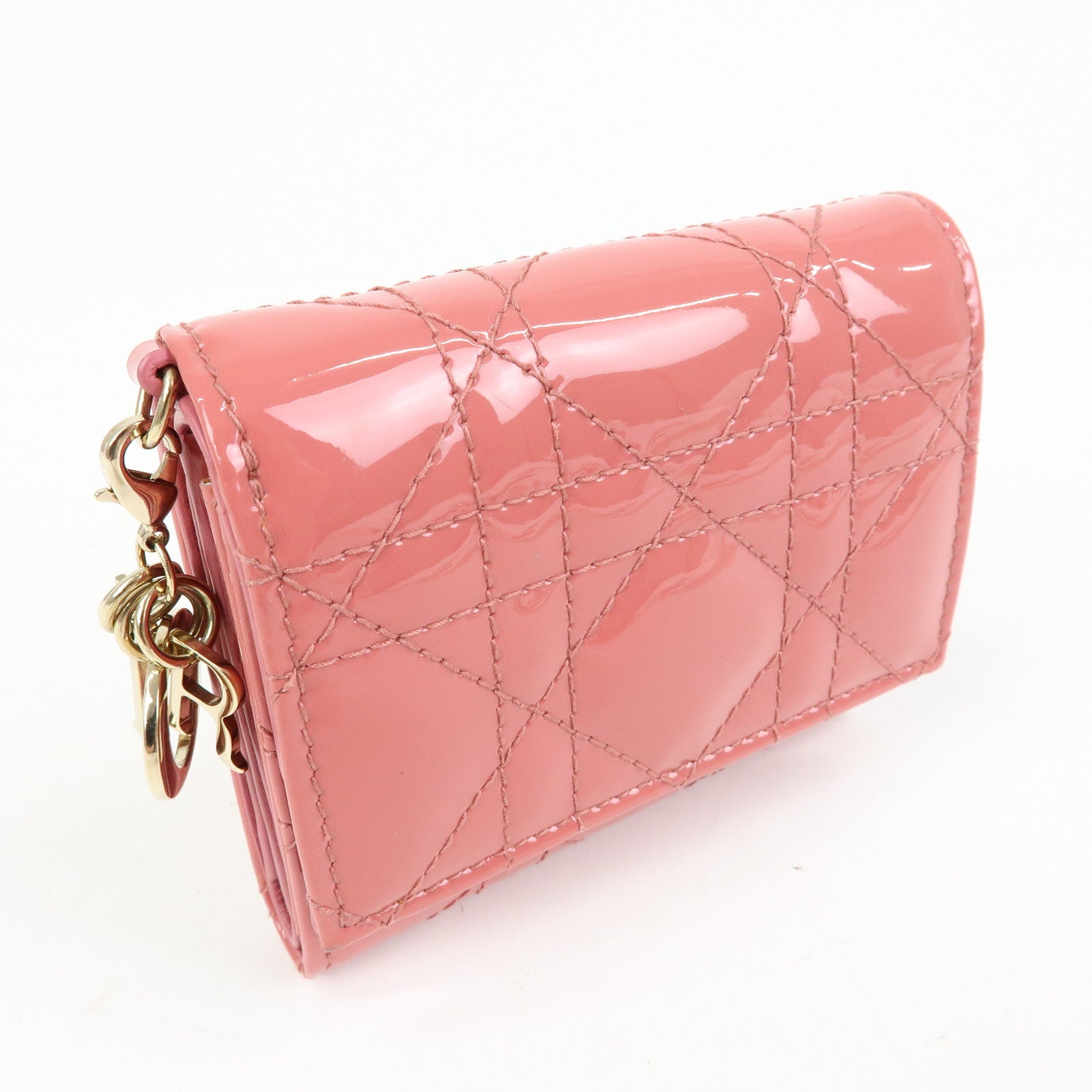 Christian Dior Cannage Patent Leather Bi-fold Compact Wallet Pink