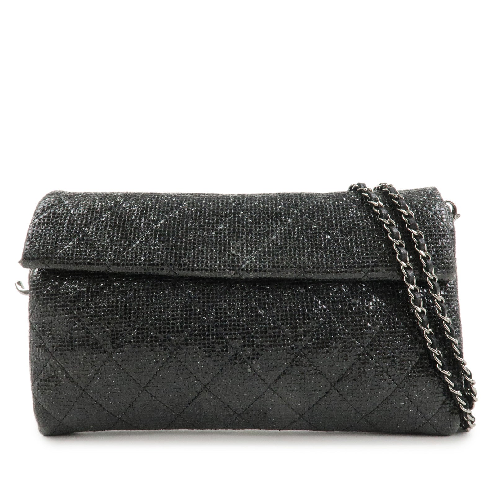 CHANEL Matelasse Leather Chain Shoulder Bag Black Silver Used