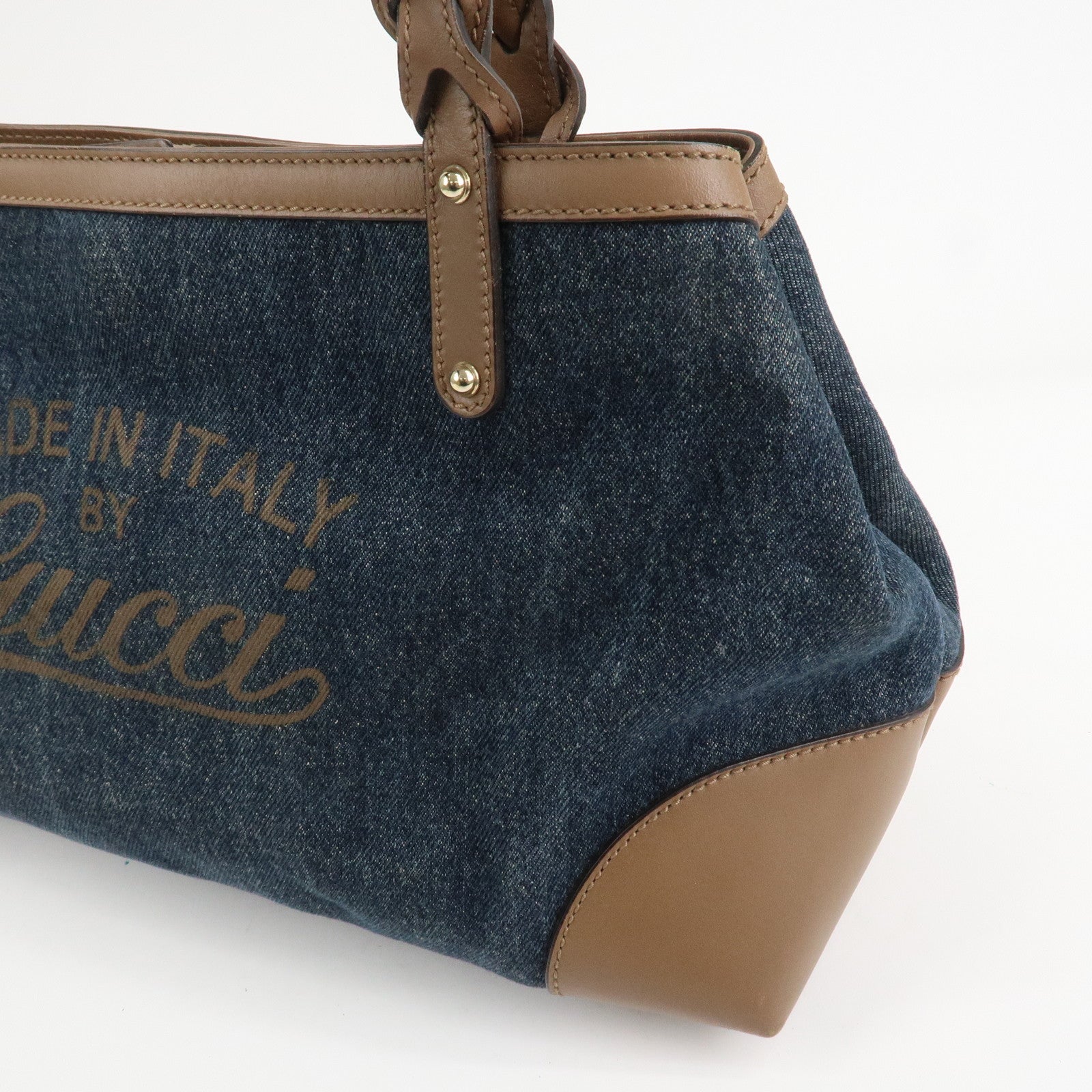 GUCCI Craft Denim Leather Tote Bag Hand Bag Navy Brown 348715