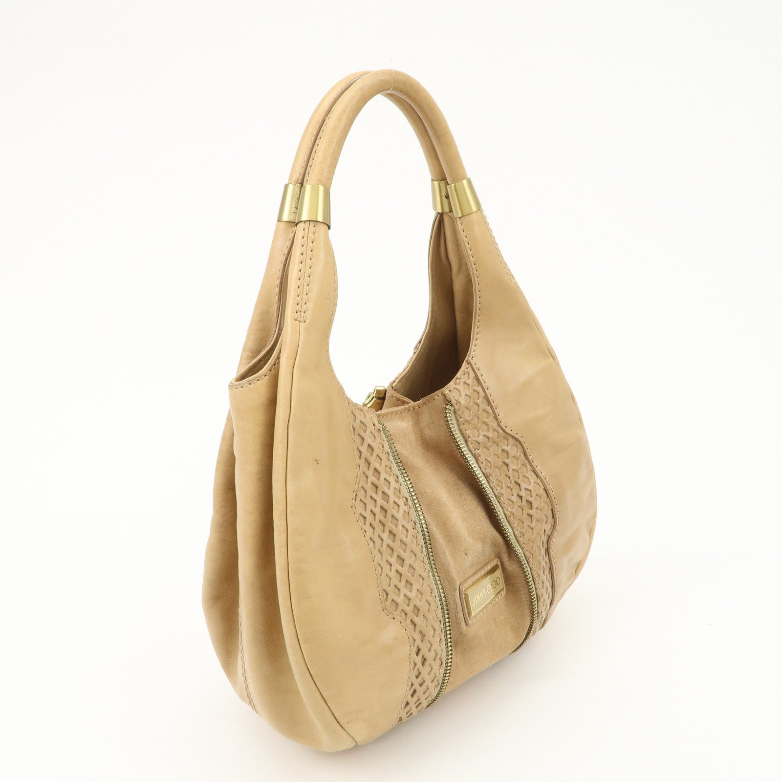 JIMMY CHOO Leather Shoulder Bag Hand Bag Beige Gold Hardware