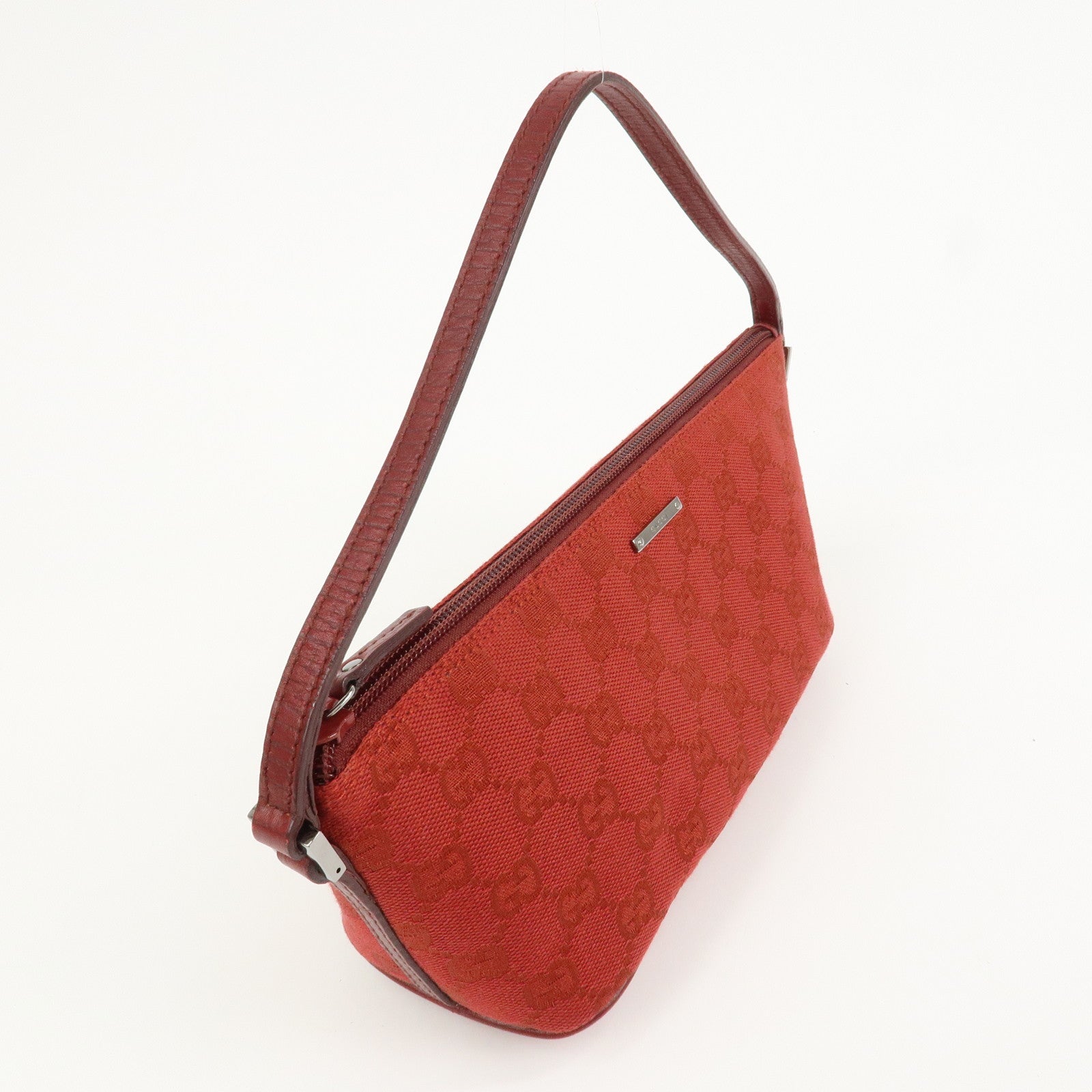 GUCCI Boat Bag GG Canvas Leather Hand Bag Pouch Red 07198