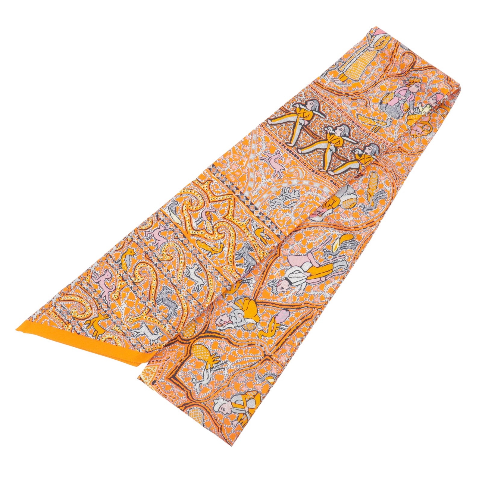HERMES Maxi Twilly Silk 100% Scarf Animal Motif Orange