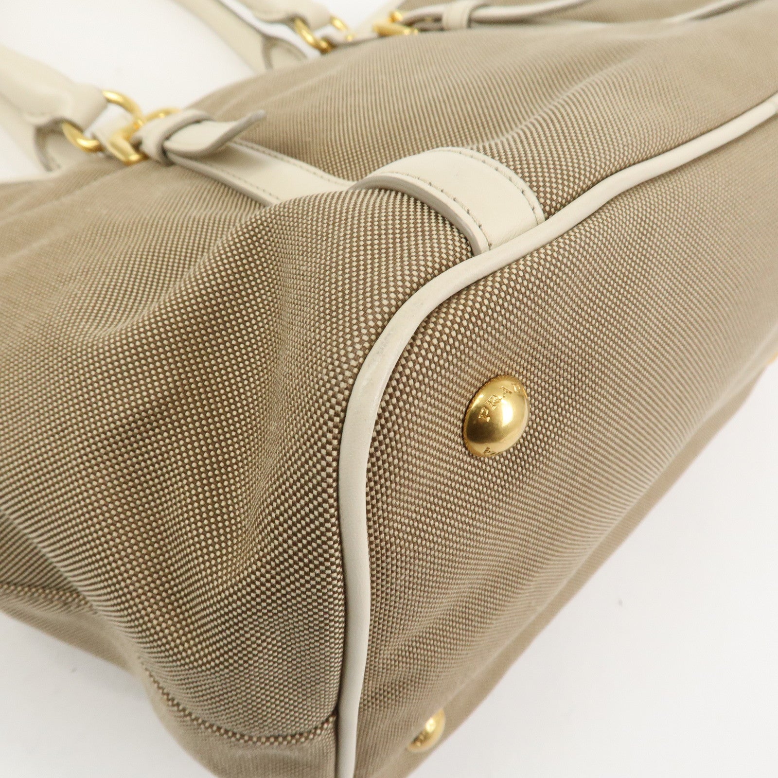 PRADA Logo Jaquard Leather 2Way Hand Bag Shoulder Bag Beige White