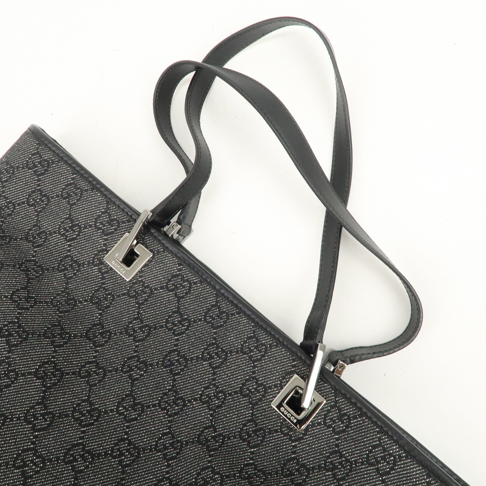 GUCCI GG Denim Leather Tote Bag Hand Bag Shoulder Bag Black 31243