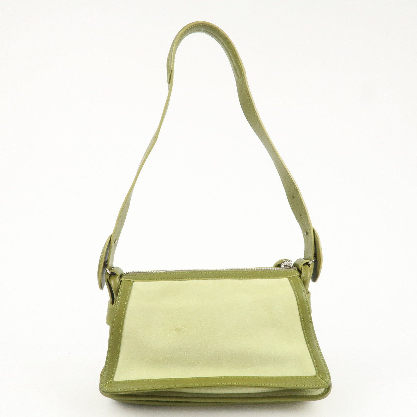 LOEWE Anagram Leather Suede Shoulder Bag Green Silver HDW Used