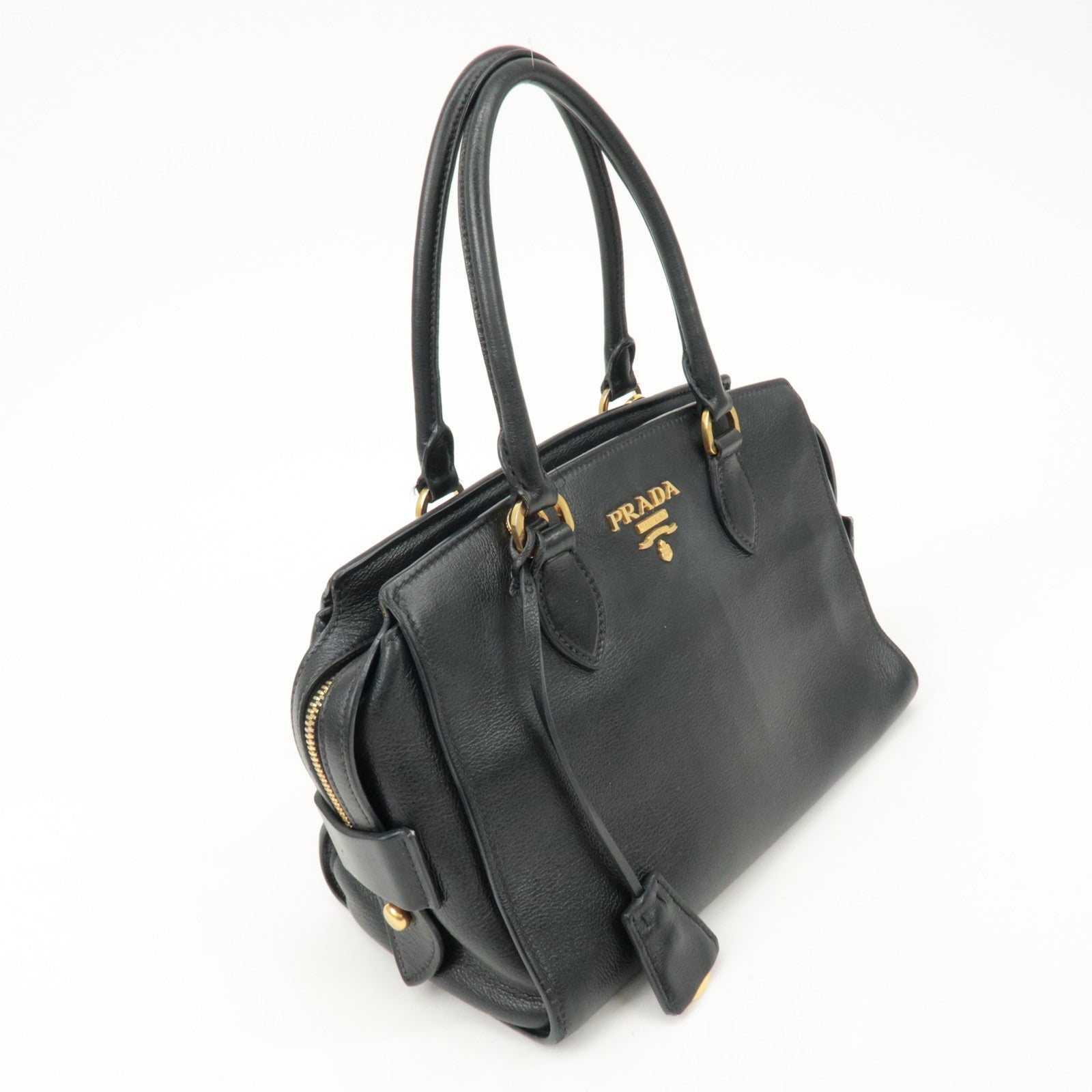 PRADA Leather 2Way Bag Shoulder Hand Bag Black Gold Used