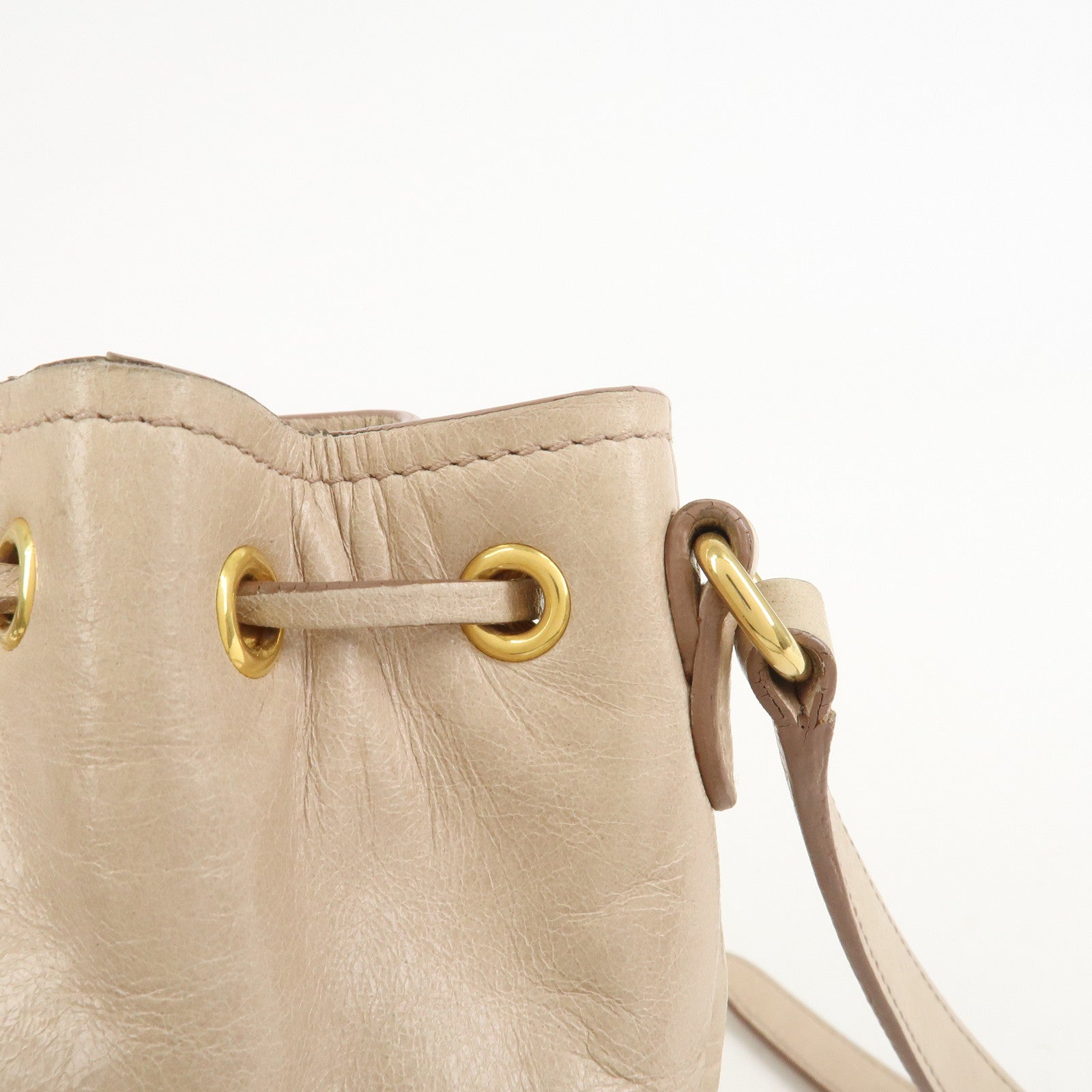 MIU MIU Logo Leather Drawstring Shoulder Bag Crossbody Bag Beige