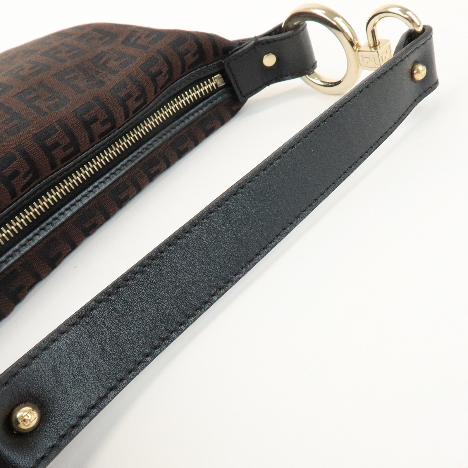 FENDI Zucchino Logo Canvas Leather Black Shoulder Bag Brown 8BR464
